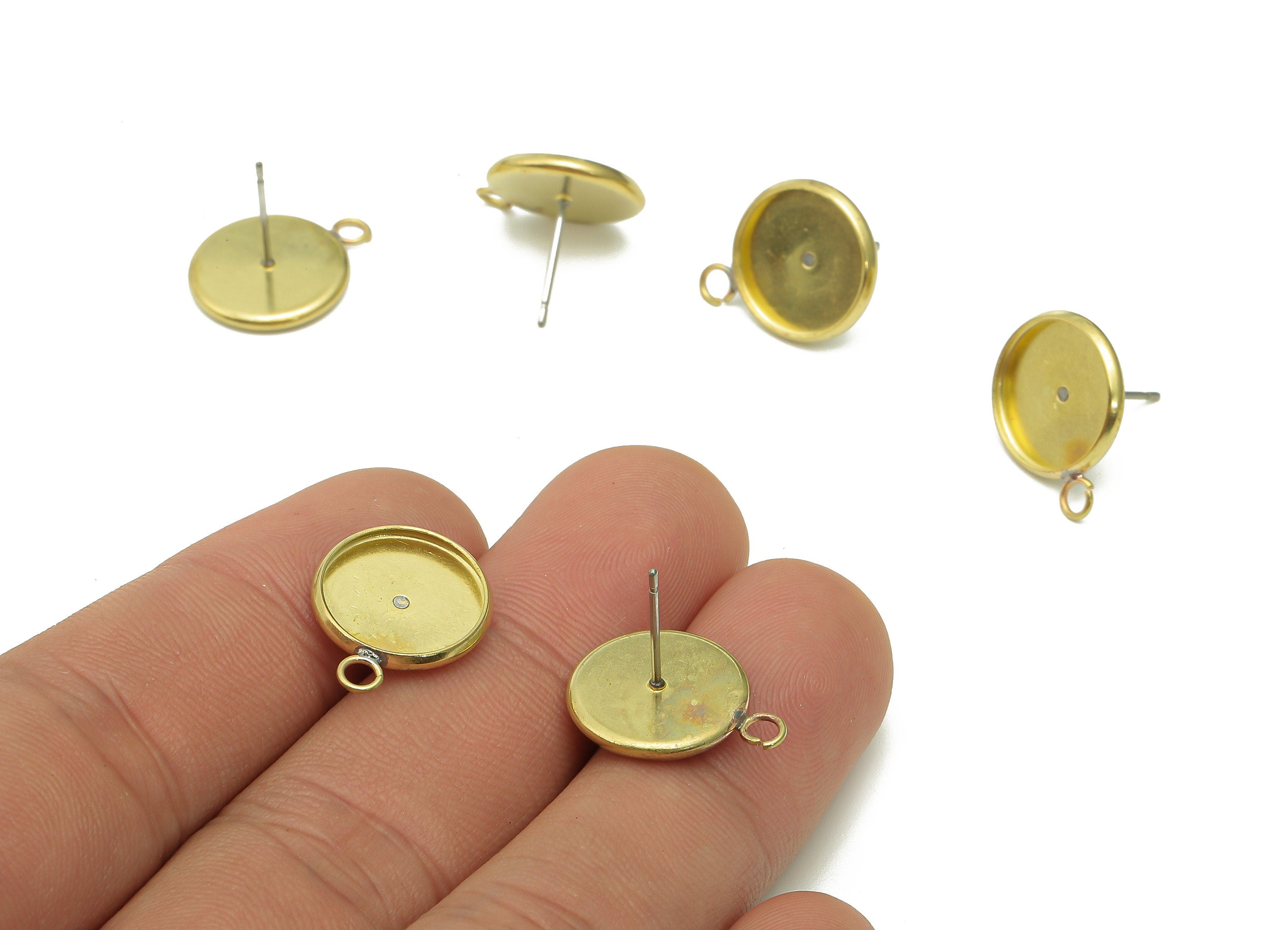 Brass Cabachon Stud Earring - Raw Brass Circle Earring Post - Round Pot Earring With Loop - Stainless Steel Stud - 17.1x13.6x1.5mm-PP8075-14 - DOMEDBAZAAR