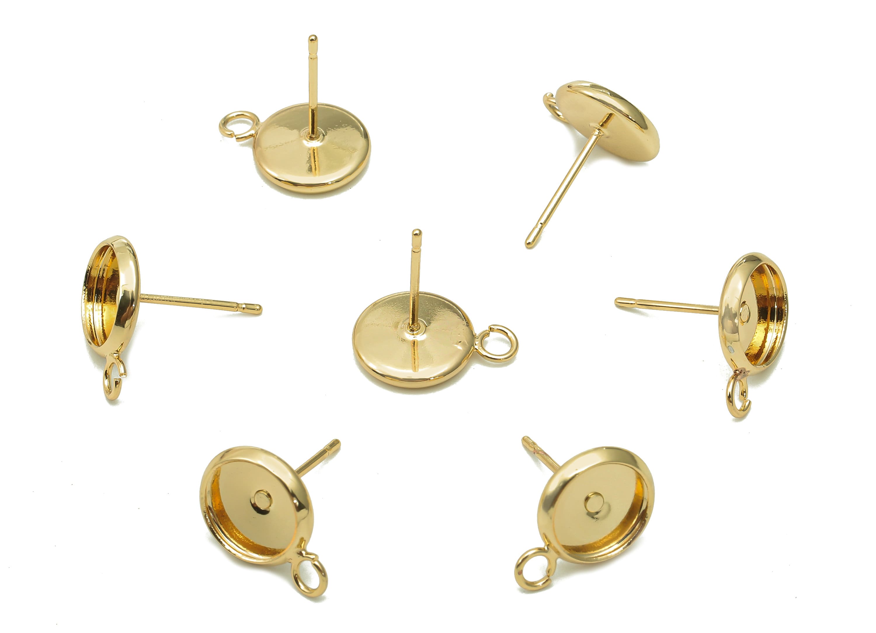 Brass Cabachon Round Stud Earring - Circle Pot Earring Post With Loop - 316 Stainless Steel - 18K Real Gold Plating - 10x10x0.5mm -RGP5451-8 - DOMEDBAZAAR