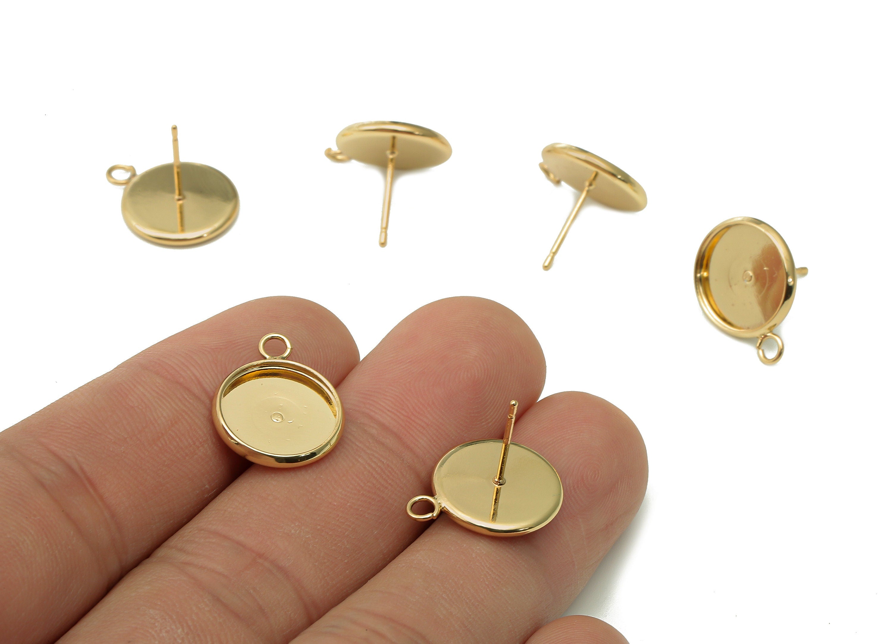 Brass Cabachon Stud Earring - Round Pot Earring Post With Loop - 316 Stainless Steel - 18K Real Gold Plating - 17.4x13.8x0.4mm - RGP5451-12 - DOMEDBAZAAR