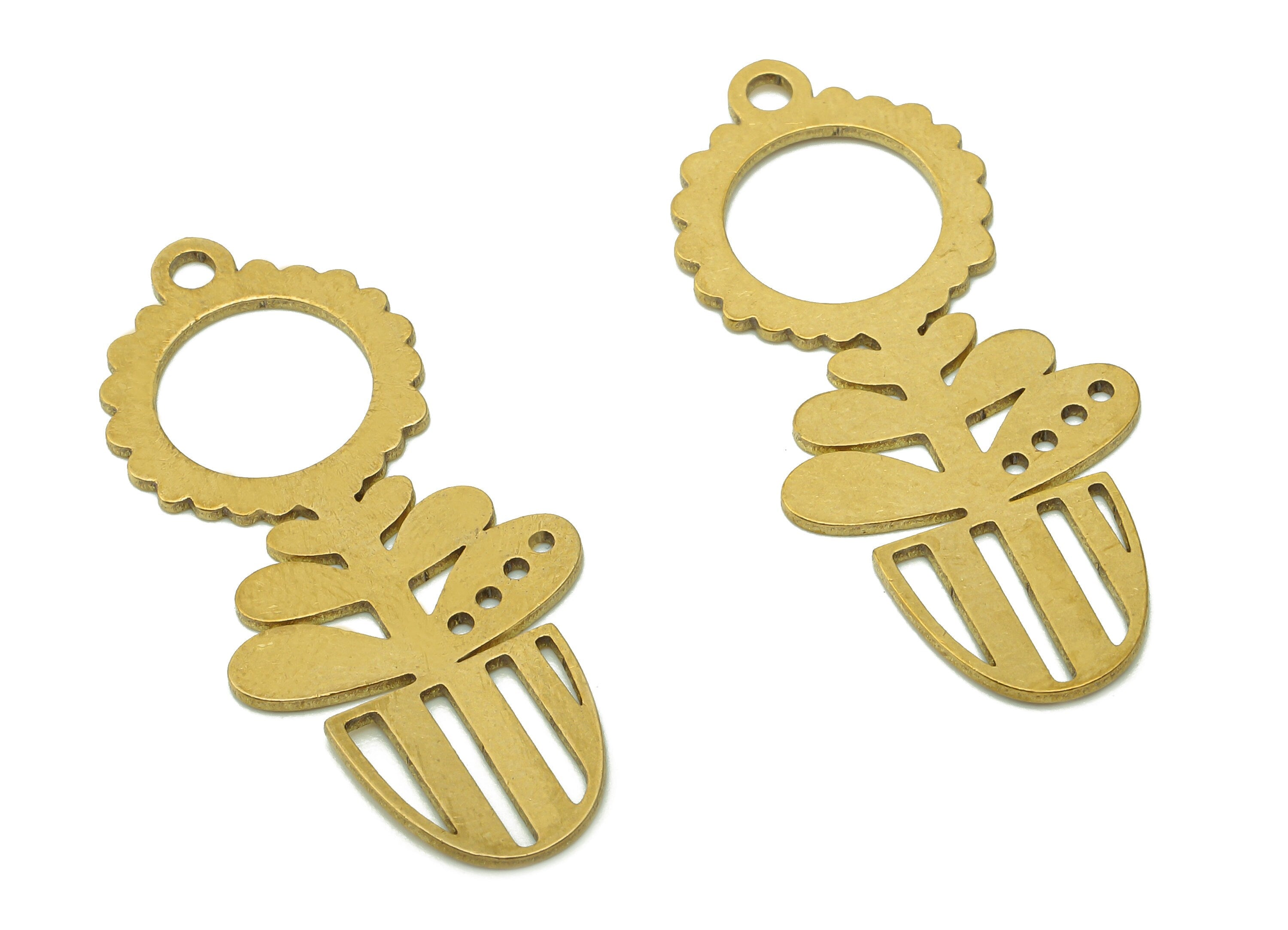 Brass Flower Pot Earring Charm - Raw Brass Pot Earring - Botanical Pendant With Loop - Flower Charm For Necklace - 37.9x16.9x0.8mm - PPA5533 - DOMEDBAZAAR