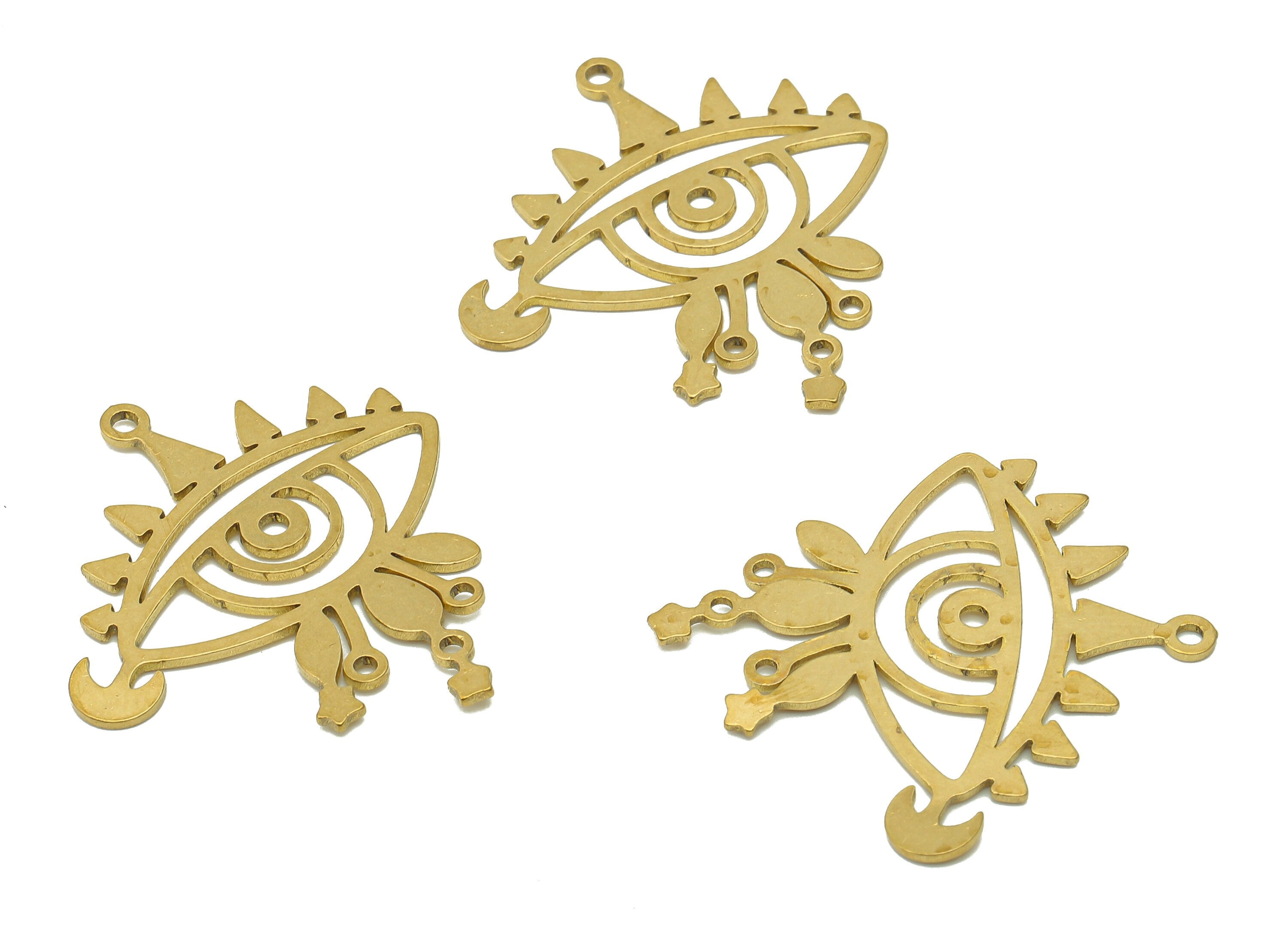 Brass Eye Crescent Earring Connectors - Raw Brass Eyelash Star Earring - Pendant With 4 Loops - Tears Charms - 33.9x30.8x0.8mm - PPZ0172 - DOMEDBAZAAR