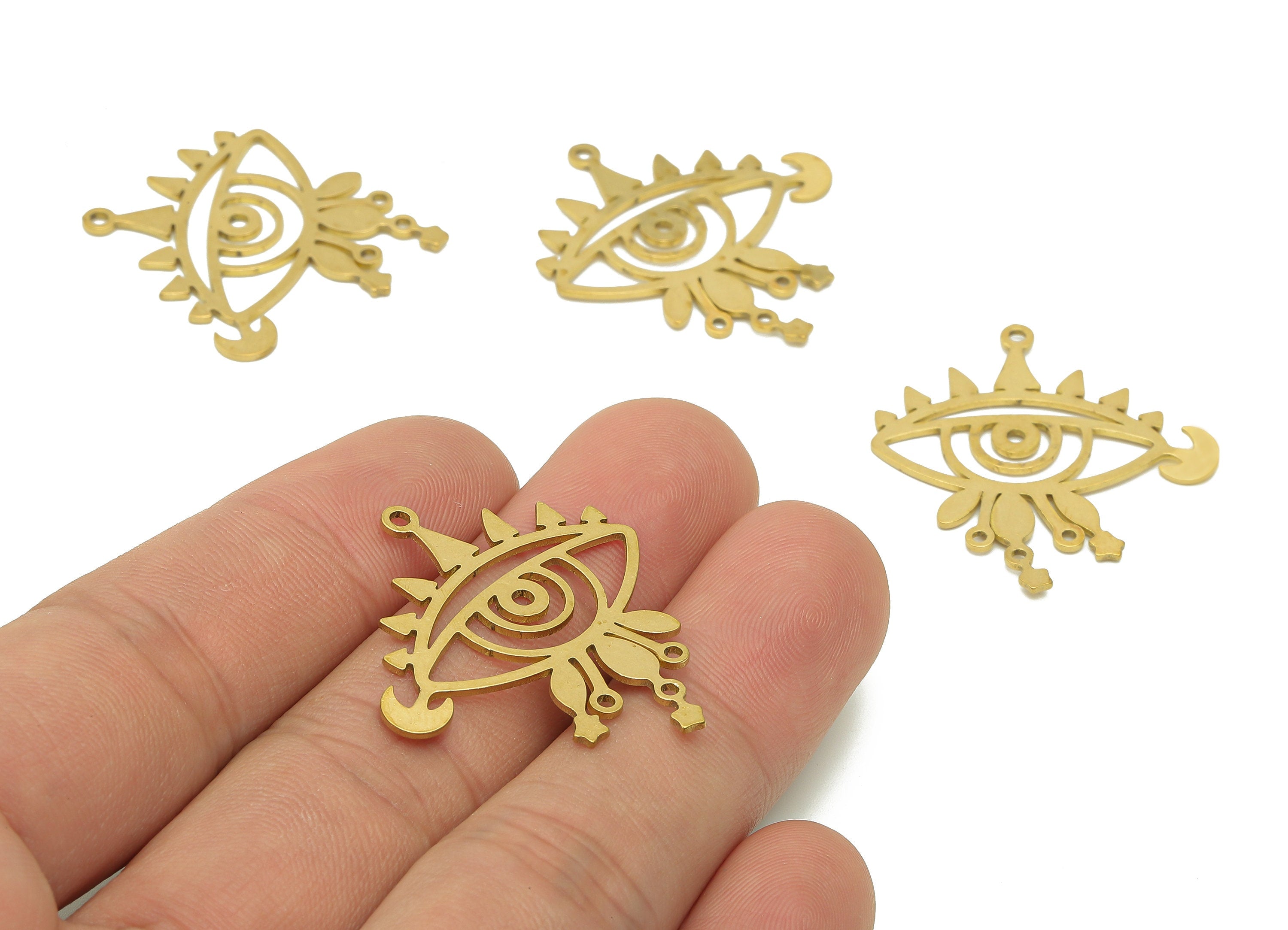 Brass Eye Crescent Earring Connectors - Raw Brass Eyelash Star Earring - Pendant With 4 Loops - Tears Charms - 33.9x30.8x0.8mm - PPZ0172 - DOMEDBAZAAR