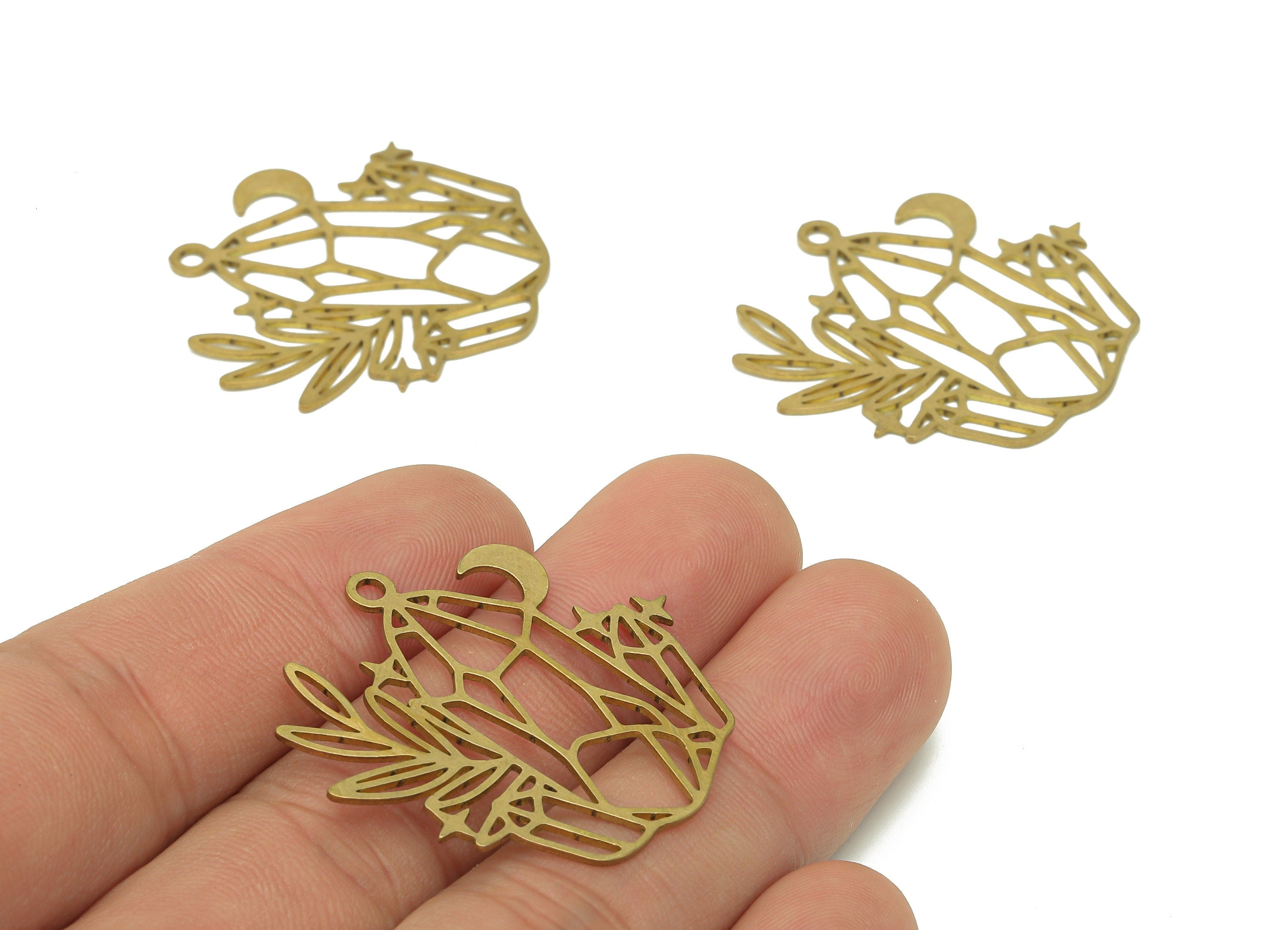 Brass Flower Crescent Earring Charms - Raw Brass Hanging Flower Earring - Pendant With Loop - Jardiniere Charm - 33x35.1x0.6mm - PPZ0195 - DOMEDBAZAAR
