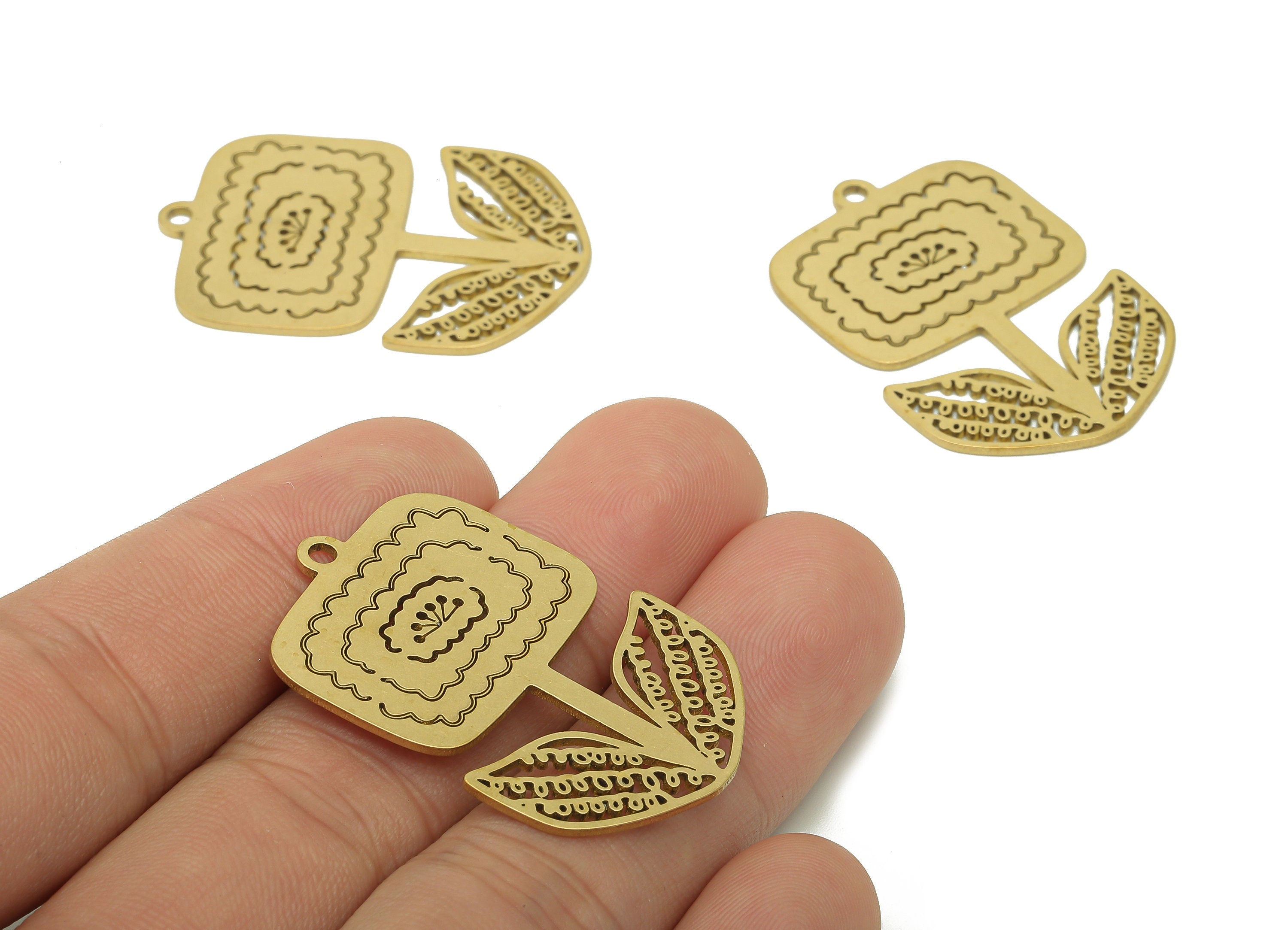 Brass Flower Square Earring Charms - Raw Brass Flower Earring - Pendant With Loop - Botanical Charm For Necklace - 37.8x24.6x0.9mm - PPA5781 - DOMEDBAZAAR