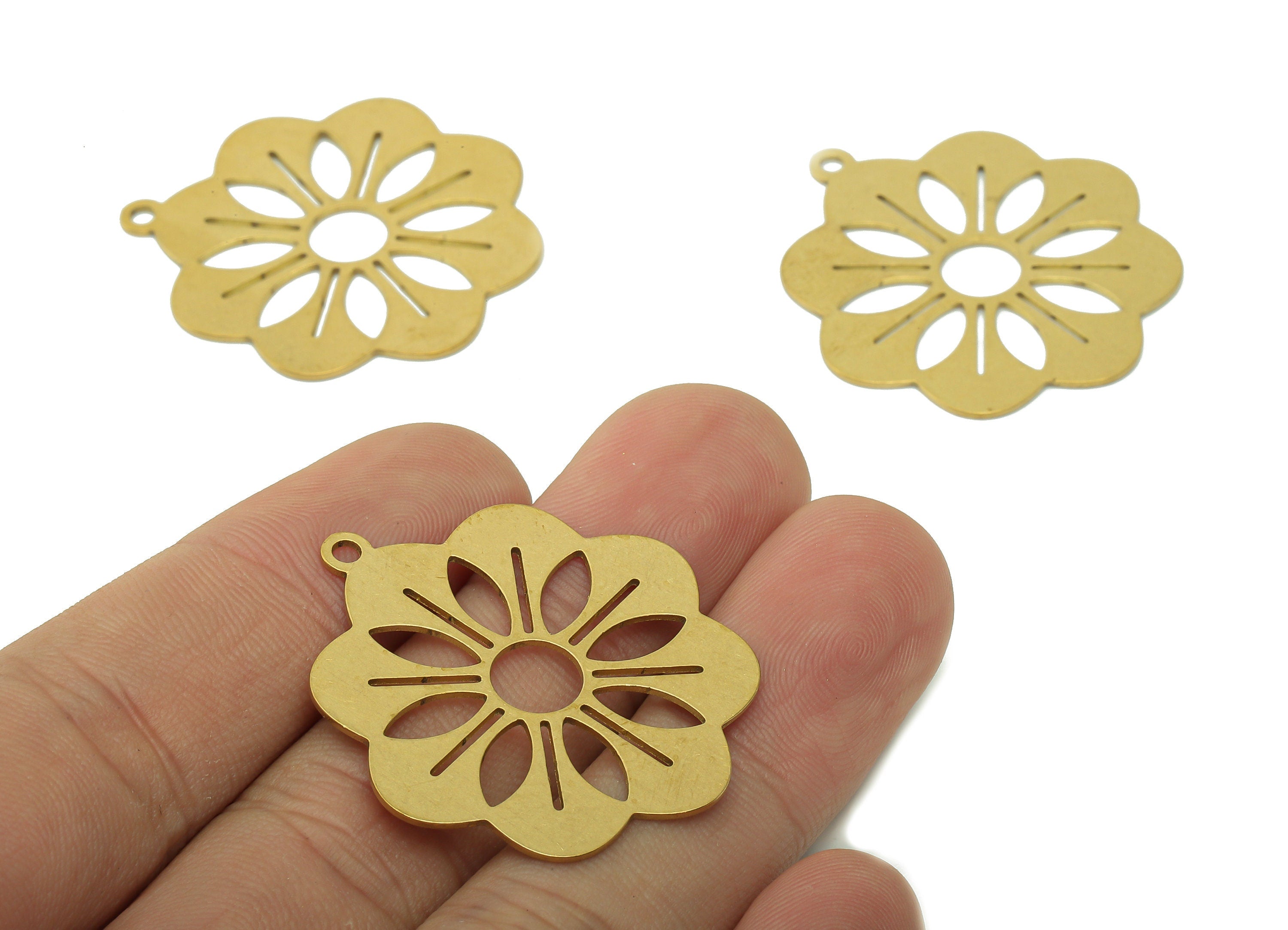 Brass Flower Earring Charms - Raw Brass Hollow Flower Earring - Pendant With Loop - Botanical Charm For Necklace - 35.8x32.9x0.7mm - PPA5777 - DOMEDBAZAAR
