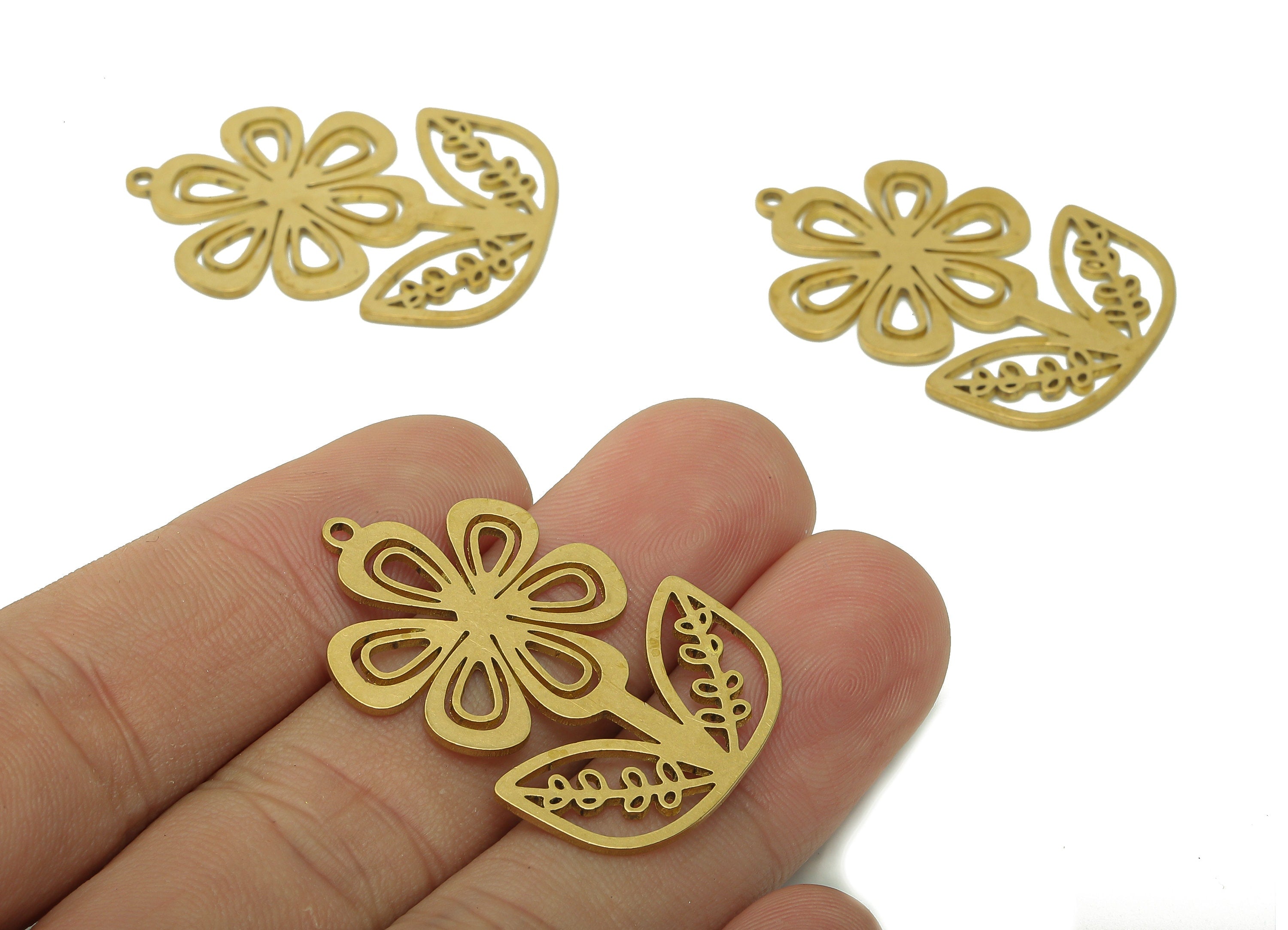 Brass Flower Earring Charms - Raw Brass Hollow Leaf Earring - Pendant With Loop - Botanical Charm For Necklace - 35.9x24.7x0.9mm - PPA5784 - DOMEDBAZAAR
