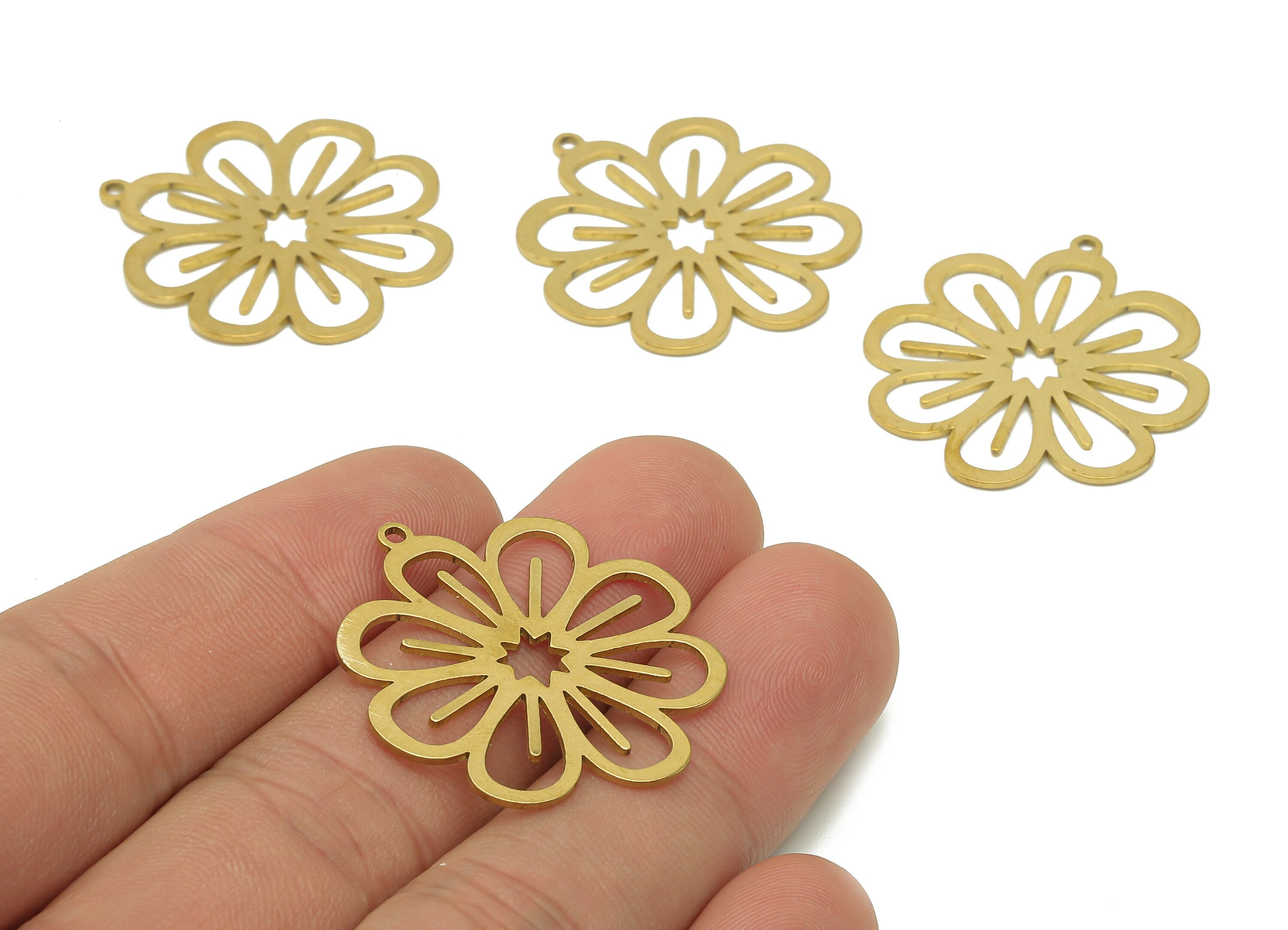 Brass Flower Earring Charms - Raw Brass Flower Earring - Flower Pendant With Loop - Botanical Charm For Necklace - 31.8x29.5x0.8mm - PPA6134 - DOMEDBAZAAR