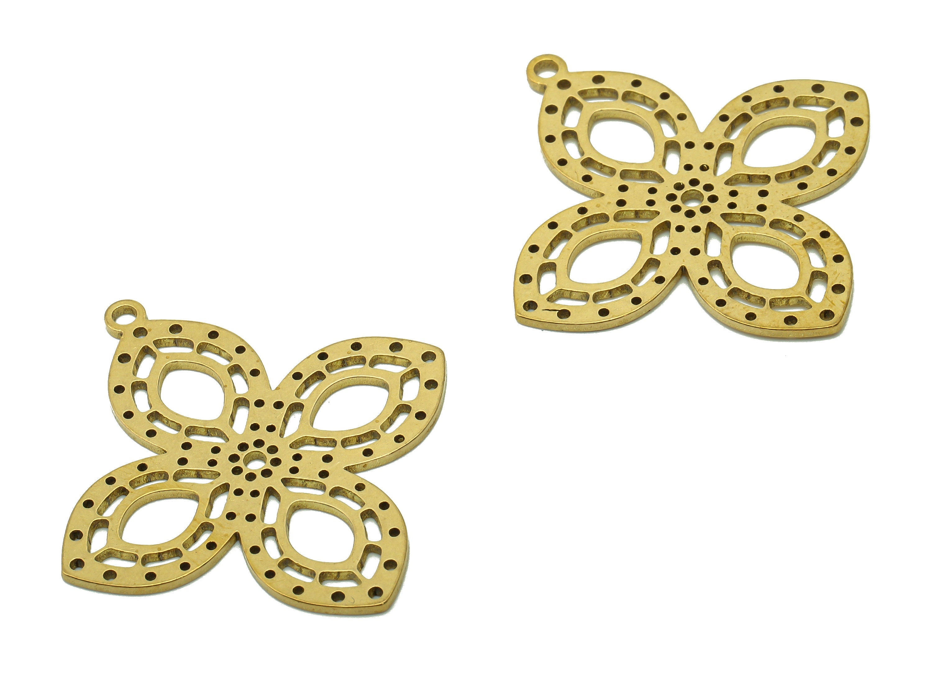 Brass Flower Dots Earring Charm - Raw Brass Flower Spot Earring - Pendant With Loop - Botanical Charm For Necklace - 34.8x32.4x0.9mm-PPA6142 - DOMEDBAZAAR