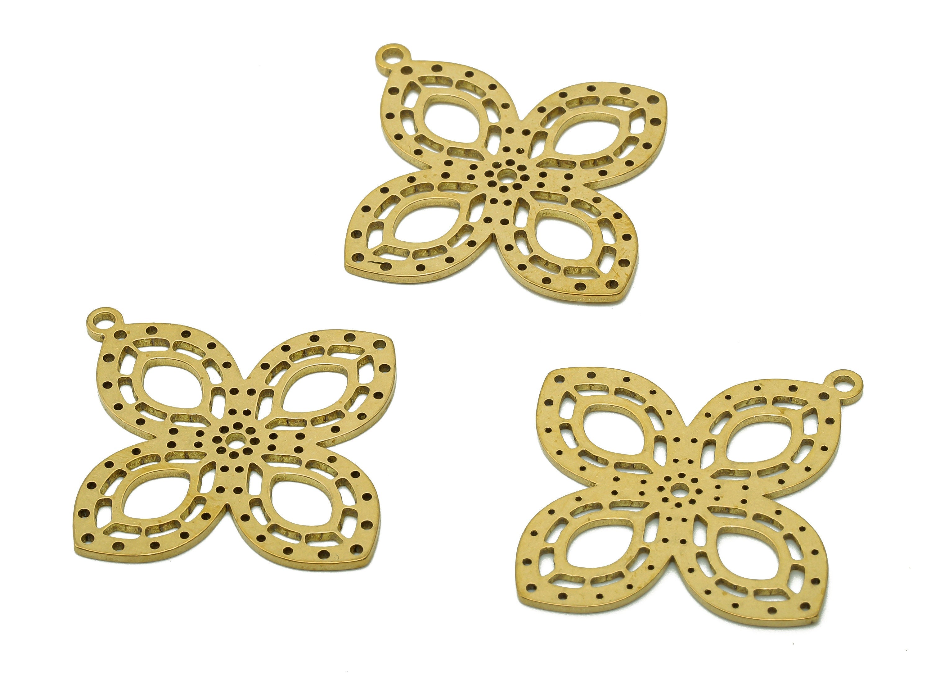 Brass Flower Dots Earring Charm - Raw Brass Flower Spot Earring - Pendant With Loop - Botanical Charm For Necklace - 34.8x32.4x0.9mm-PPA6142 - DOMEDBAZAAR