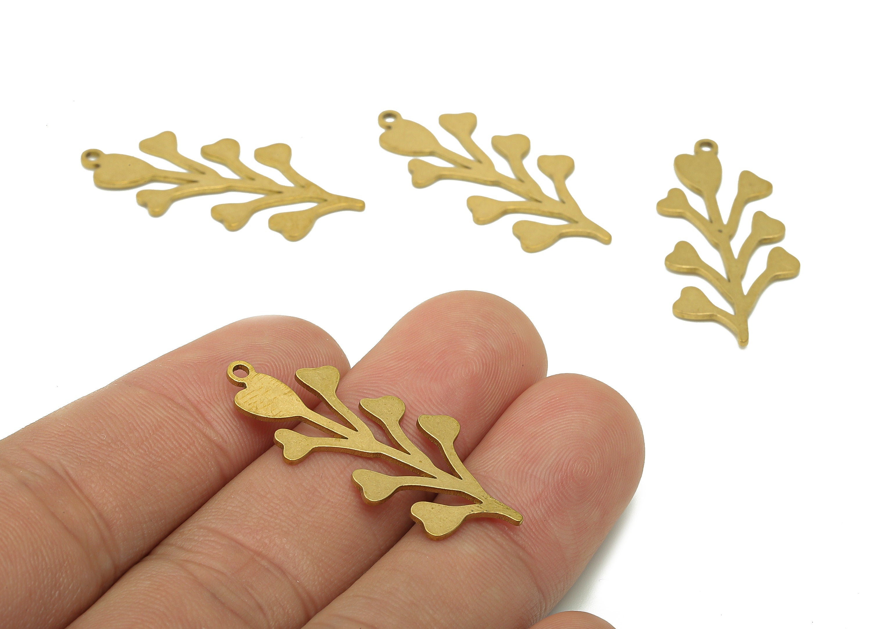 Brass Flower Earring Charms - Raw Brass Plant Earring - Branch Pendant With Loop - Botanical Charm For Necklace - 34.8x15.2x0.8mm - PPA6207 - DOMEDBAZAAR