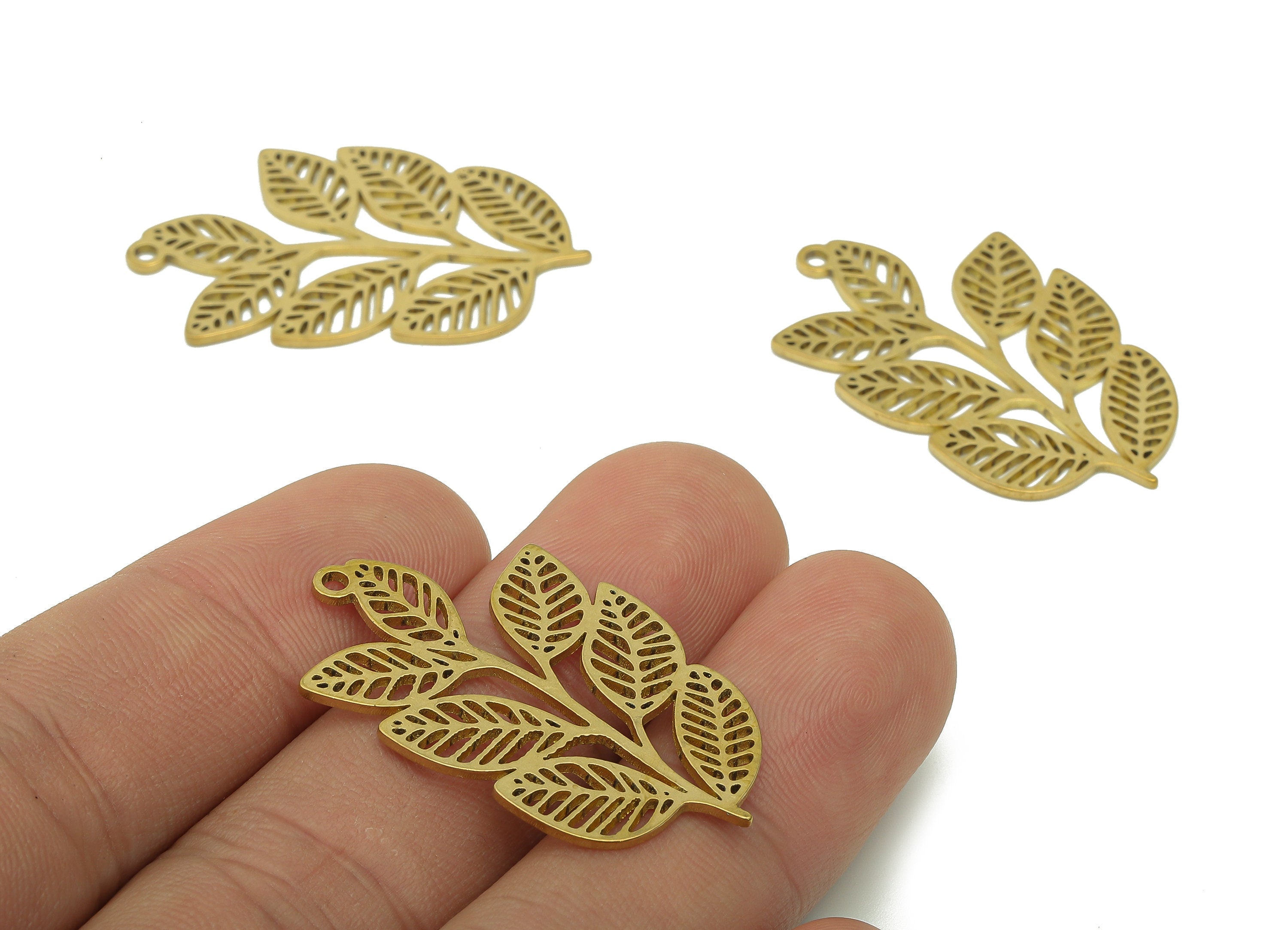 Brass Leaves Earring Charms - Raw Brass Plant Earring - Botanical Pendant With Loop - Leaf Branch Charm - 35.9x21.6x0.9mm - PPA6345B - DOMEDBAZAAR