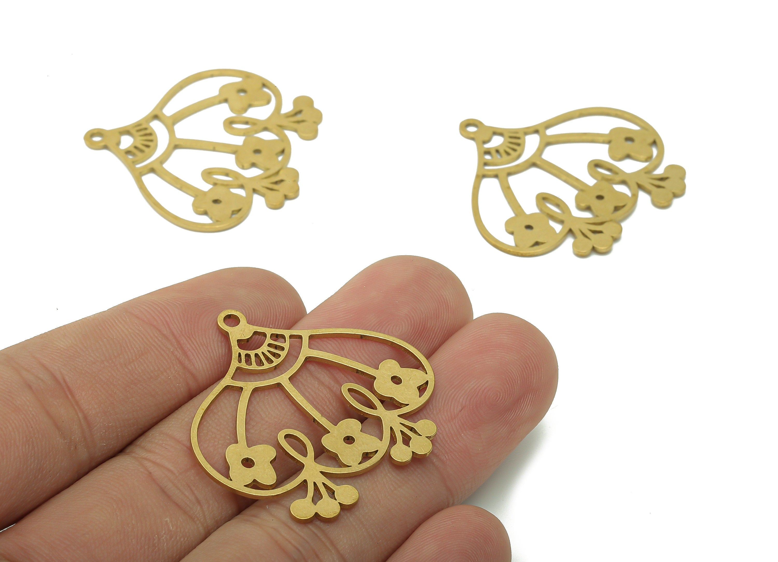 Brass Flower Earring Charms - Raw Brass Hollow Earring - Pendant With Loop - Botanical Charm For Necklace - 34.8x33.8x0.9mm - PPA5791 - DOMEDBAZAAR