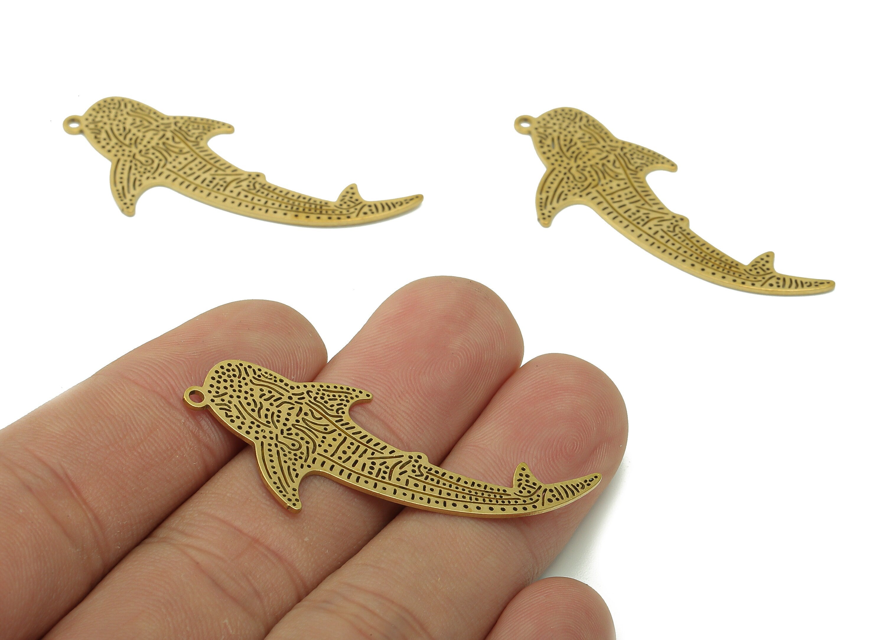 Brass Textured Fish Earring Charms - Raw Brass Dot Shark Earring - Spot Pendant With Loop - Ocean Charm For Necklace-46.1x19.6x0.7mm-PPA5900 - DOMEDBAZAAR