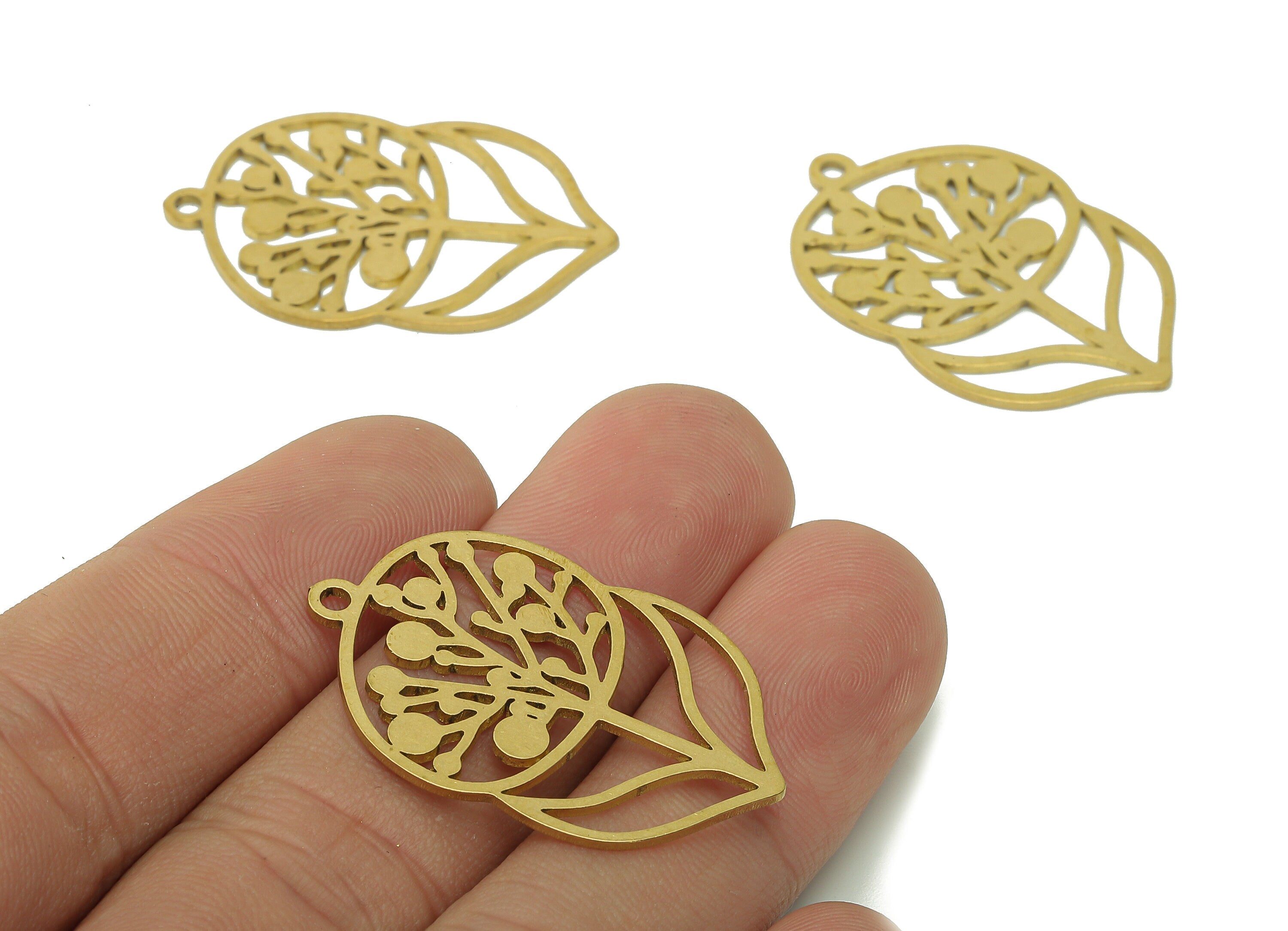 Brass Flower Earring Charms - Raw Brass Hollow Earring - Leaf Pendant With Loop - Botanical Charm For Necklace - 34.9x22.8x0.9mm - PPA5992 - DOMEDBAZAAR