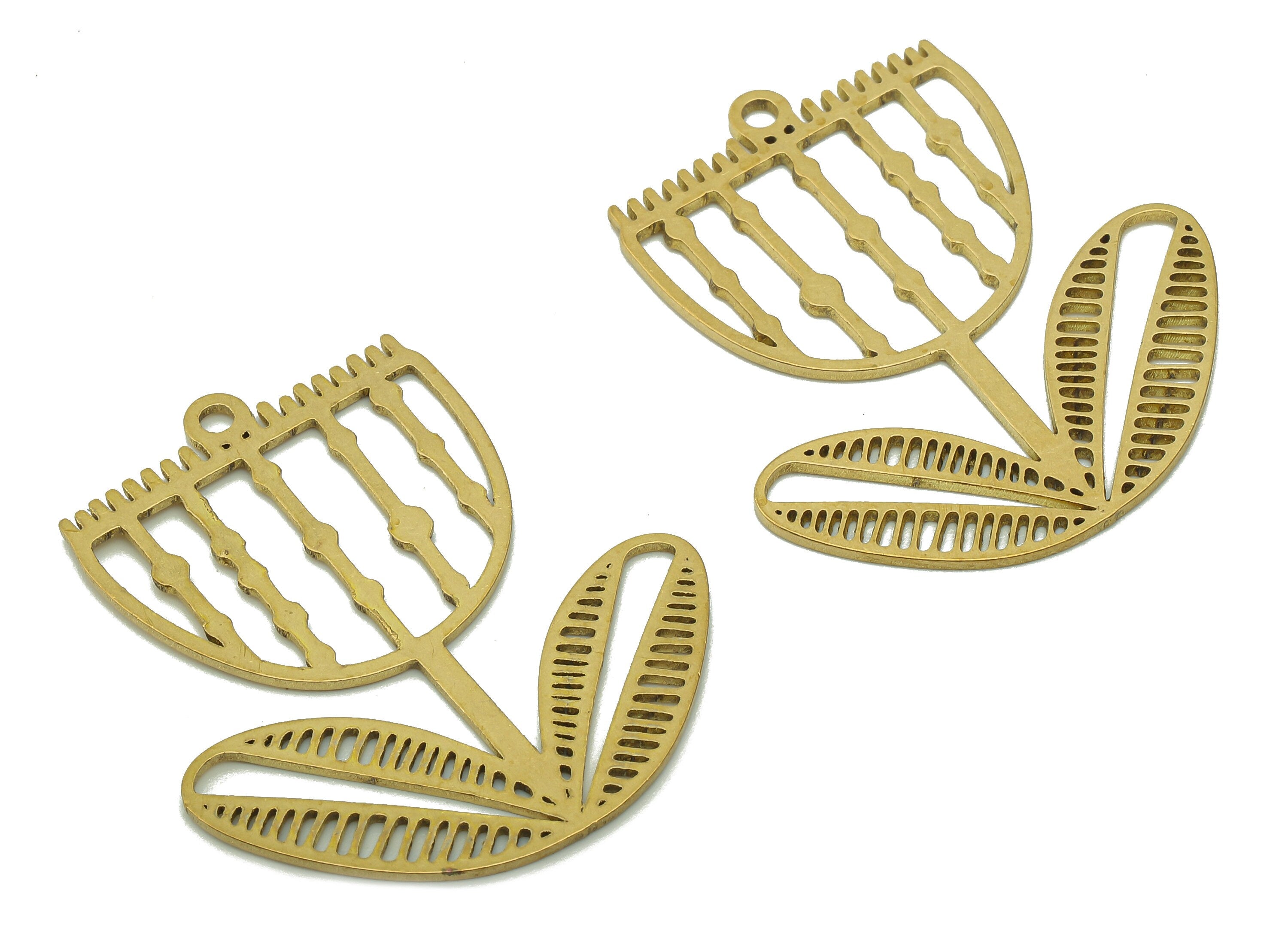 Brass Flower Earring Charms - Raw Brass Semicircle Earring - Pendant With Loop - Botanical Charm For Necklace - 37.8x32.3x0.9mm - PPA6000 - DOMEDBAZAAR