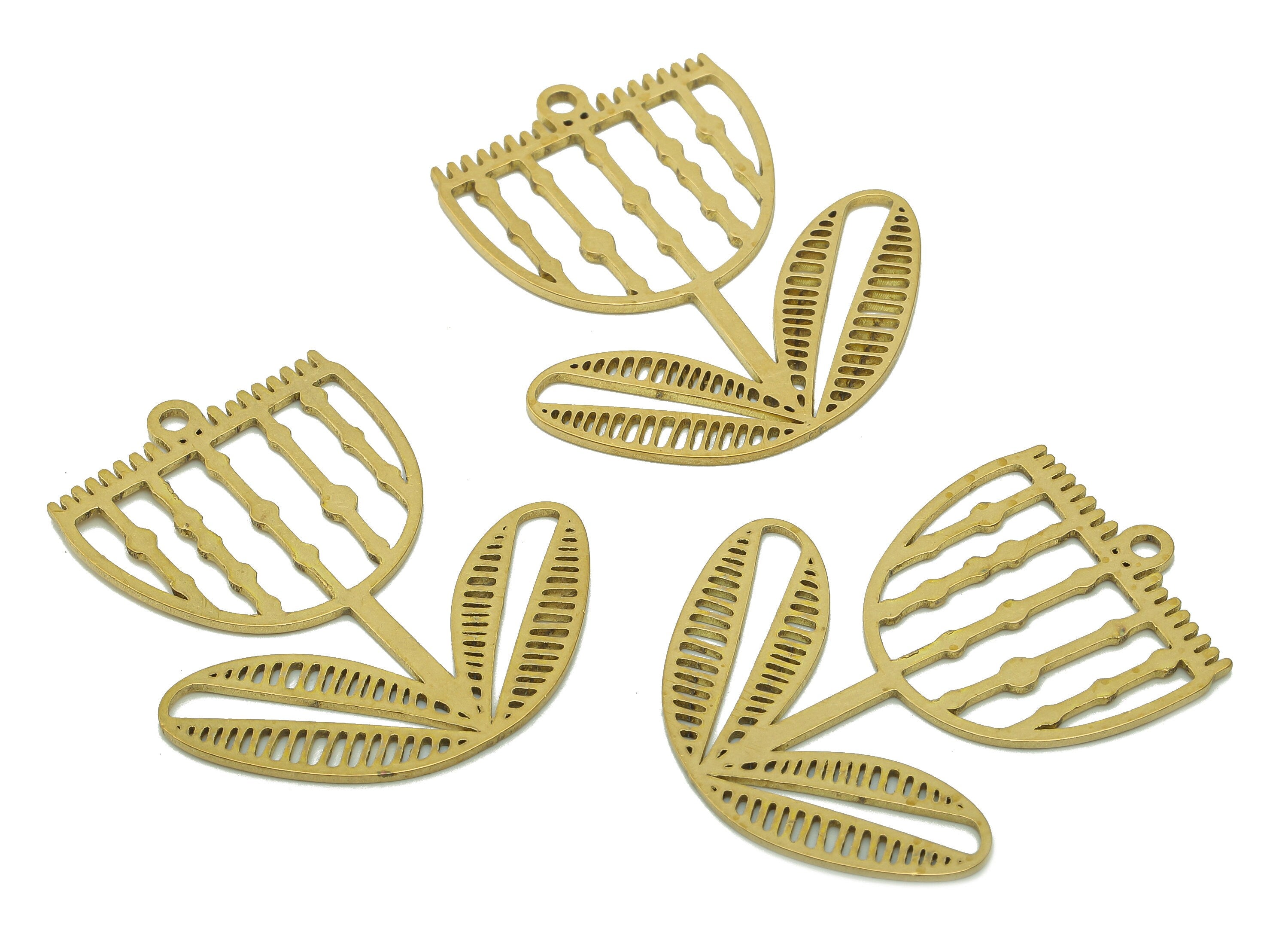 Brass Flower Earring Charms - Raw Brass Semicircle Earring - Pendant With Loop - Botanical Charm For Necklace - 37.8x32.3x0.9mm - PPA6000 - DOMEDBAZAAR