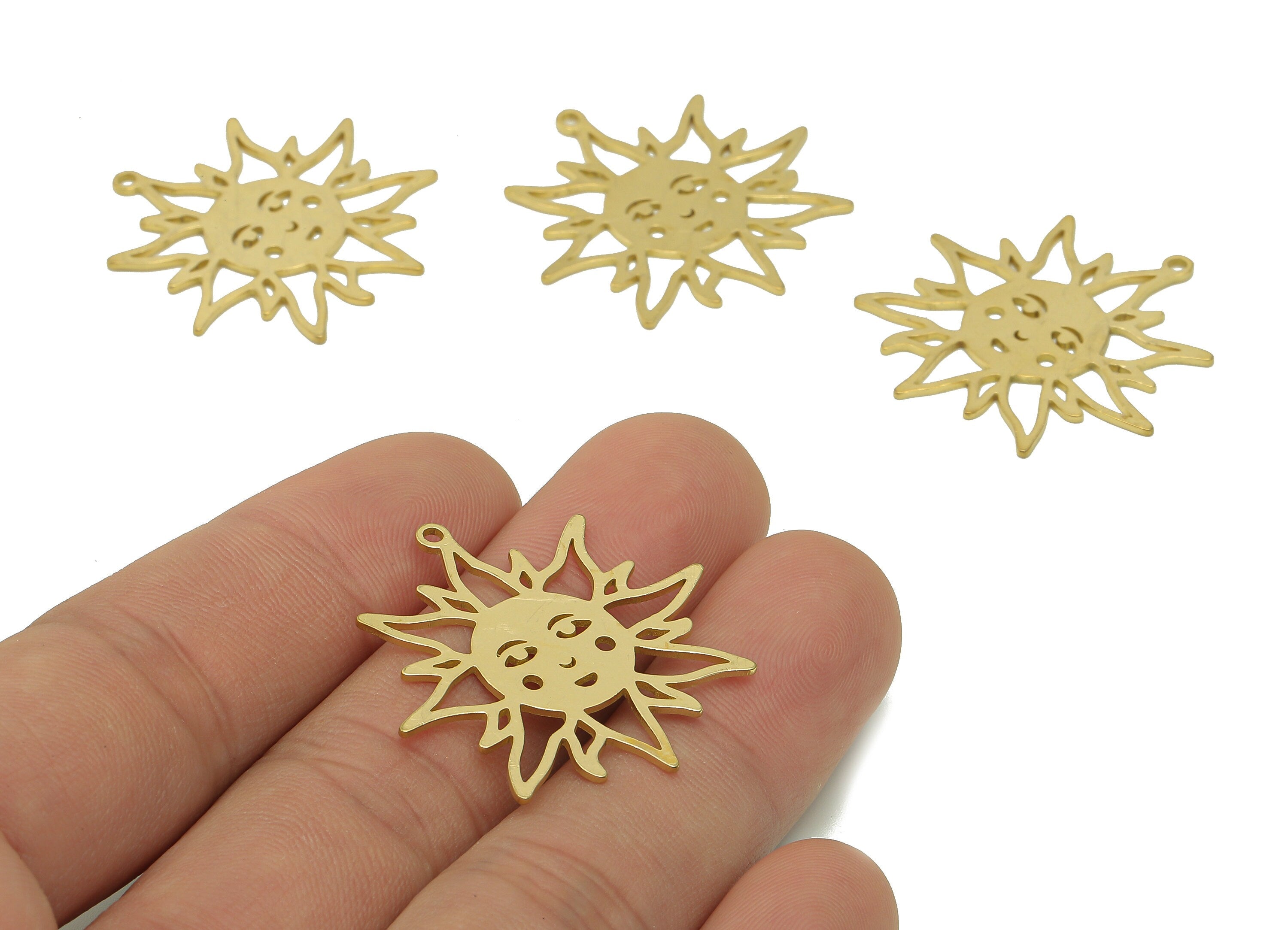 Brass Sun Face Earring Charms - Raw Brass Face Earring - Pendant With Loop - Sun Face Charm For Necklace - 31.9x31.8x0.8mm - PPA6367 - DOMEDBAZAAR