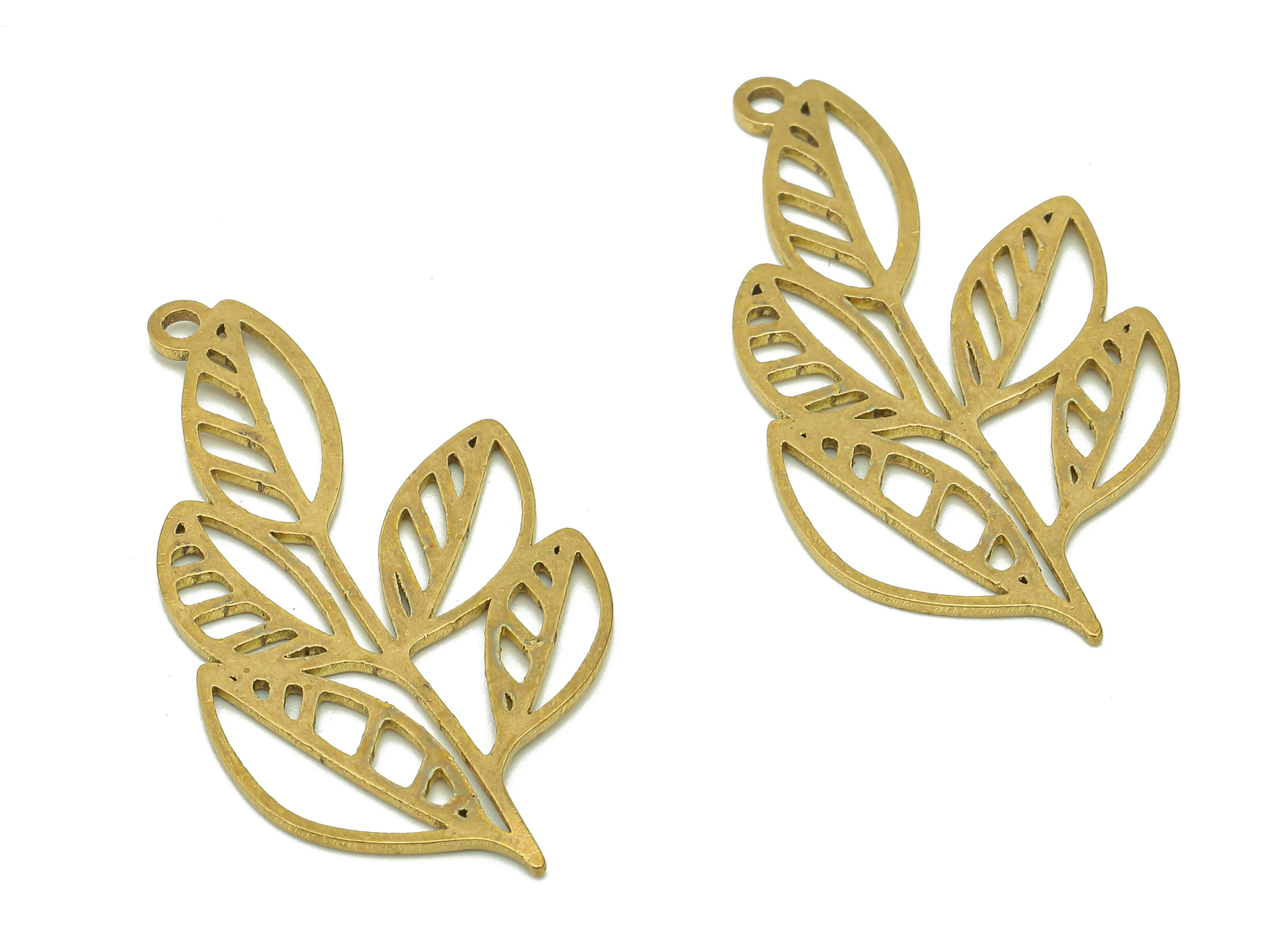 Brass Leaves Earring Charms - Raw Brass Plant Earring - Botanical Pendant With Loop - Leaf Branch Charm - 34.6x18.1x0.8mm - PPA6370 - DOMEDBAZAAR