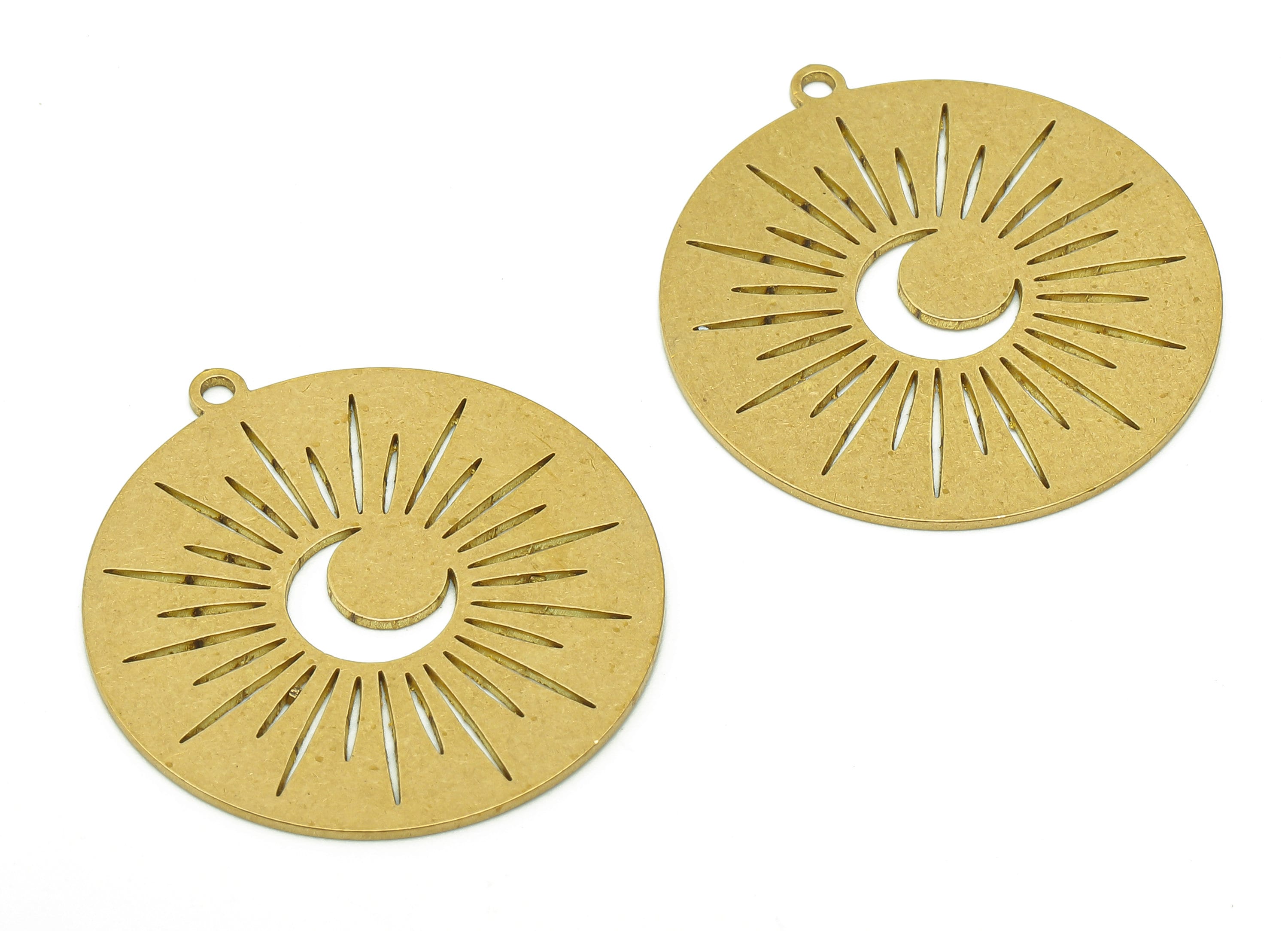 Brass Round Crescent Earring Charms - Raw Brass Circle Moon Earring - Sun Pendant With Loop - Shine Charm - 30x27.6x0.7mm - PPA6392 - DOMEDBAZAAR