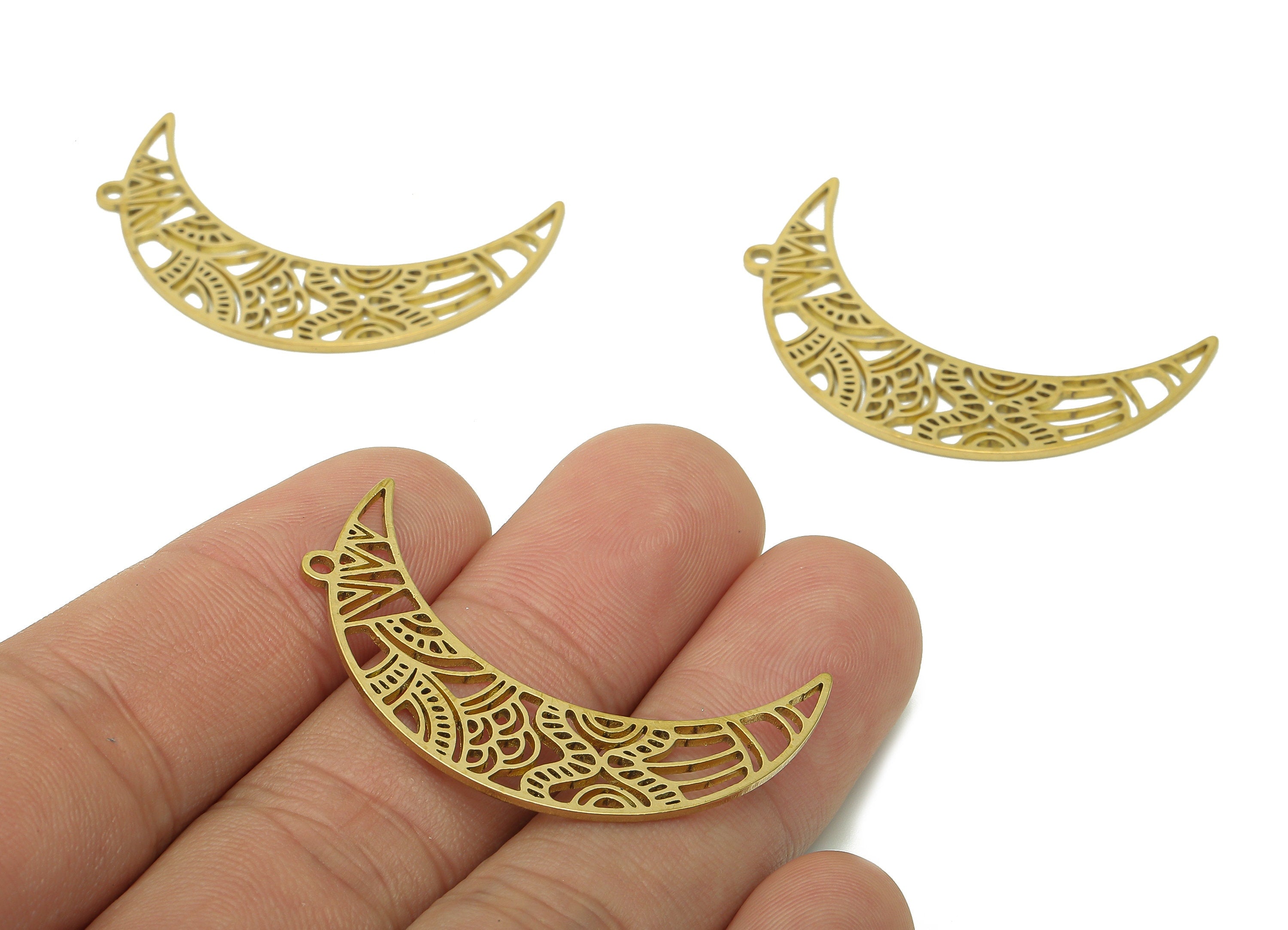 Brass Crescent Earring Charm - Raw Brass The Moon Pendant - Hollow Earring With Loop - Charm For Necklace - 39x10.7x0.8mm - PPA6399 - DOMEDBAZAAR