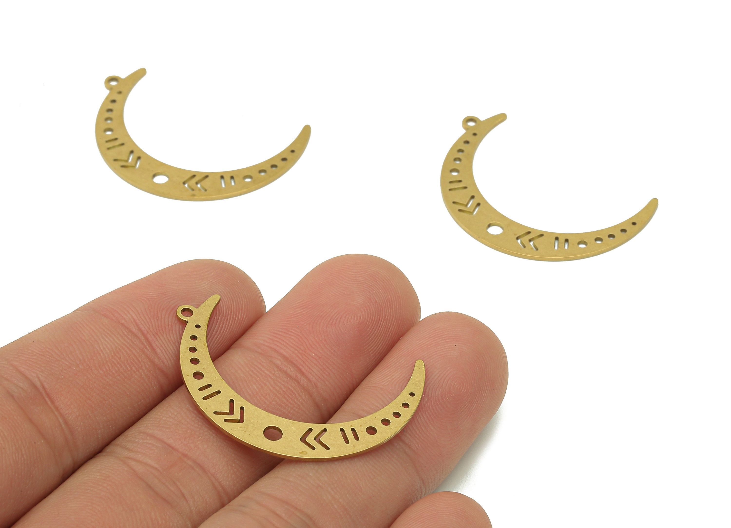 Brass Crescent Earring Charm - Raw Brass The Moon Pendant - Hollow Earring With Loop - Charm For Necklace - 35.1x6.3x0.7mm - PPA6406 - DOMEDBAZAAR