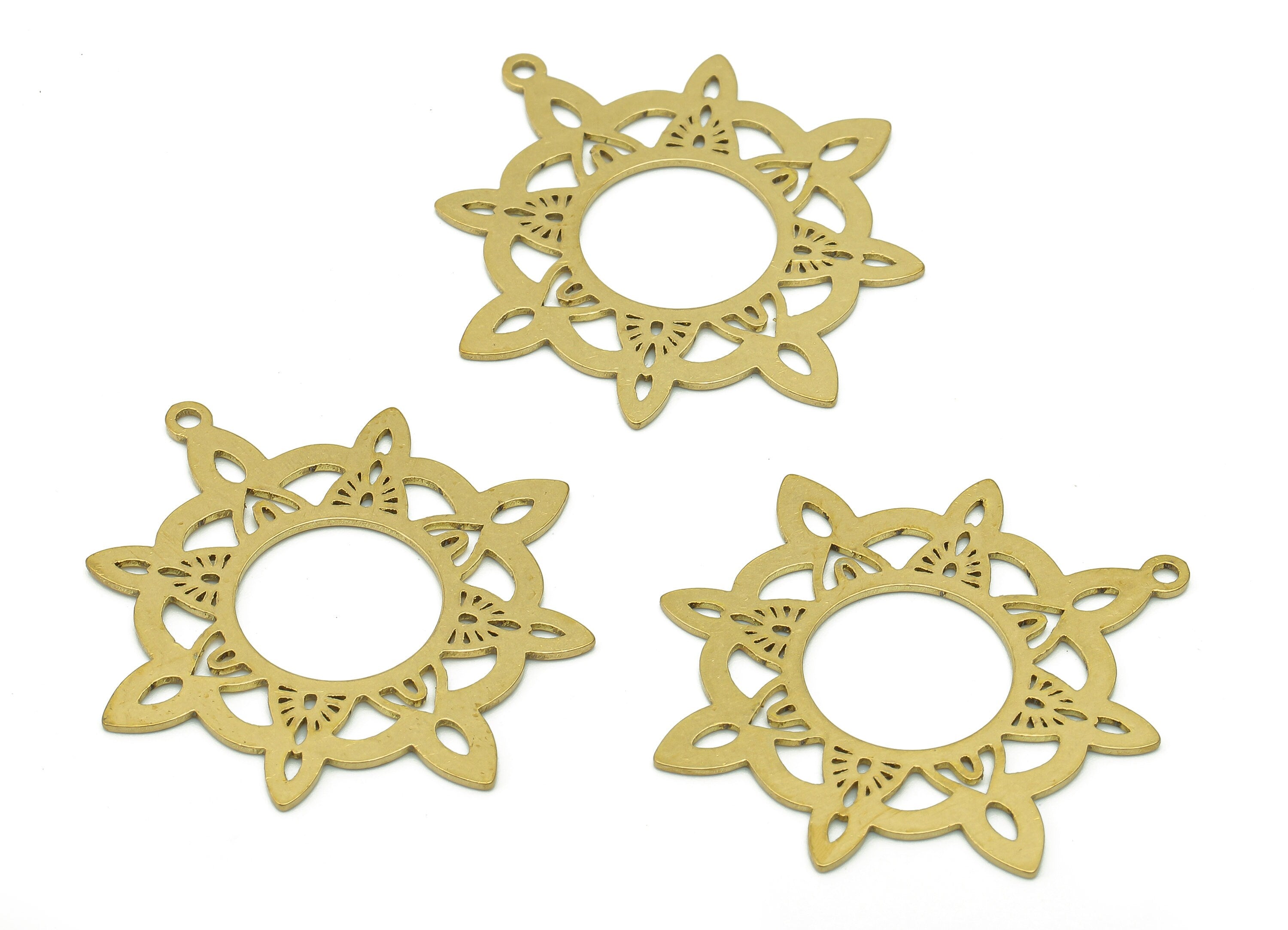 Brass Flower Rudder Earring Charms - Raw Brass Round Earring - Pendant With Loop - Botanical Charm For Necklace - 34.9x32.5x0.6mm - PPA6421 - DOMEDBAZAAR