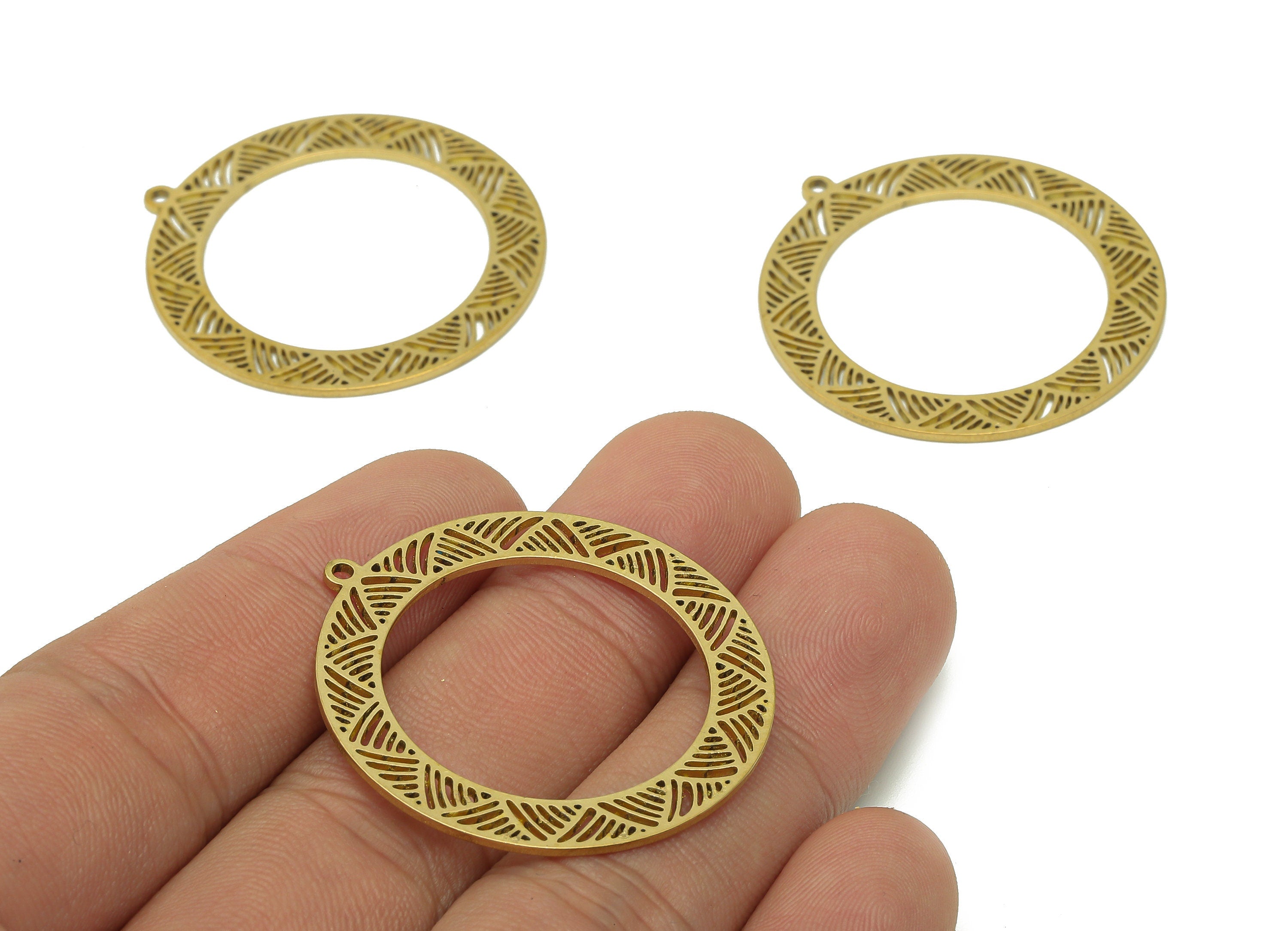Brass Round Earring Charms - Raw Brass Circle Hoop Earring - Pendant With Loop - Hollow Charm For Necklace - 36.9x34.6x0.9mm - PPA6467 - DOMEDBAZAAR