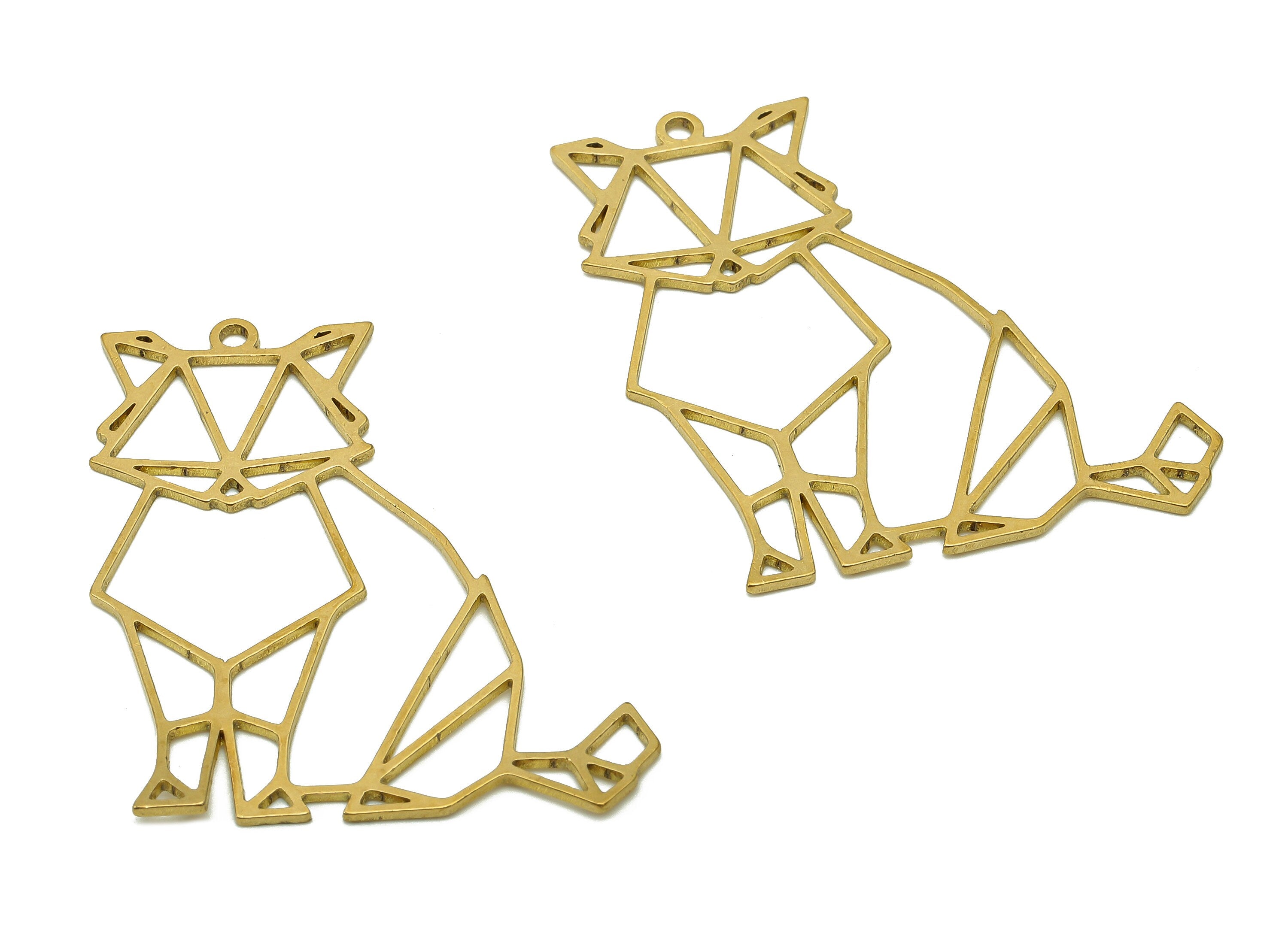 Brass Cat Earring Charms - Raw Brass Geometry Earring - Cat Hollow Pendant With Loop - Animal Charm For Necklace - 37.3x29.5x0.8mm - PPA6485 - DOMEDBAZAAR