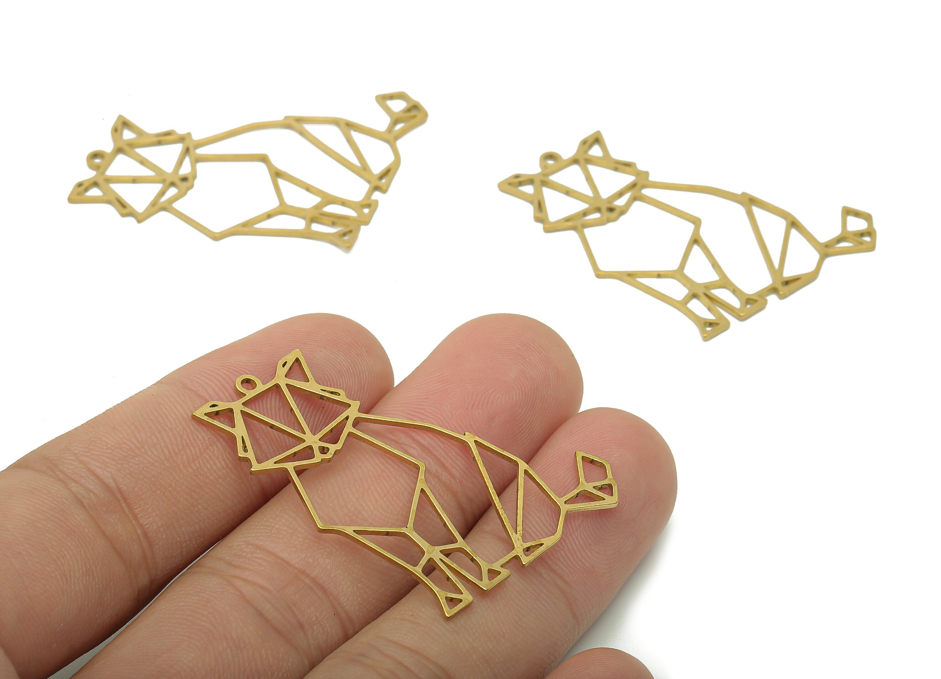 Brass Cat Earring Charms - Raw Brass Geometry Earring - Cat Hollow Pendant With Loop - Animal Charm For Necklace - 37.3x29.5x0.8mm - PPA6485 - DOMEDBAZAAR