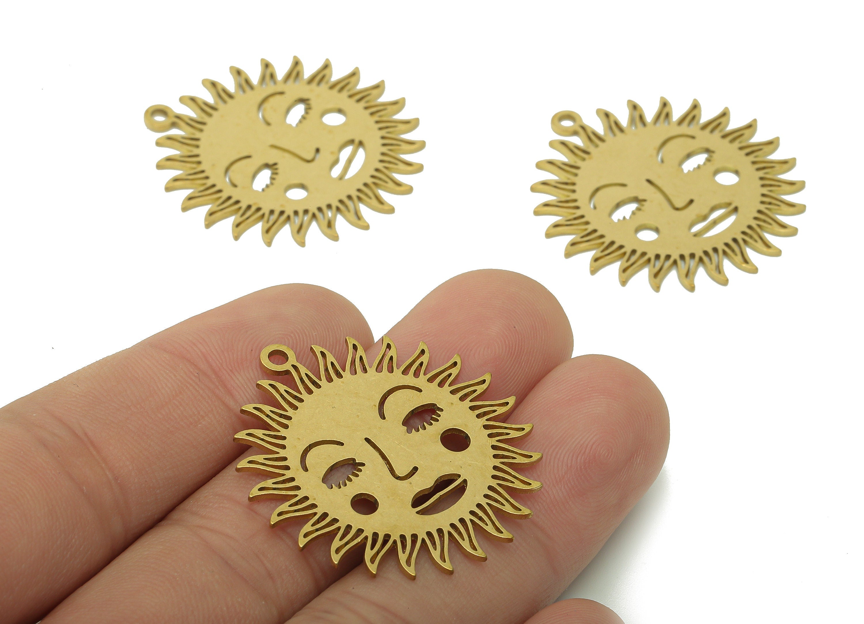 Brass Sun Face Earring Charms - Raw Brass Face Earring - Pendant With Loop - Sun Face Charm For Necklace - 34.8x32.5x0.8mm - PPA6081 - DOMEDBAZAAR