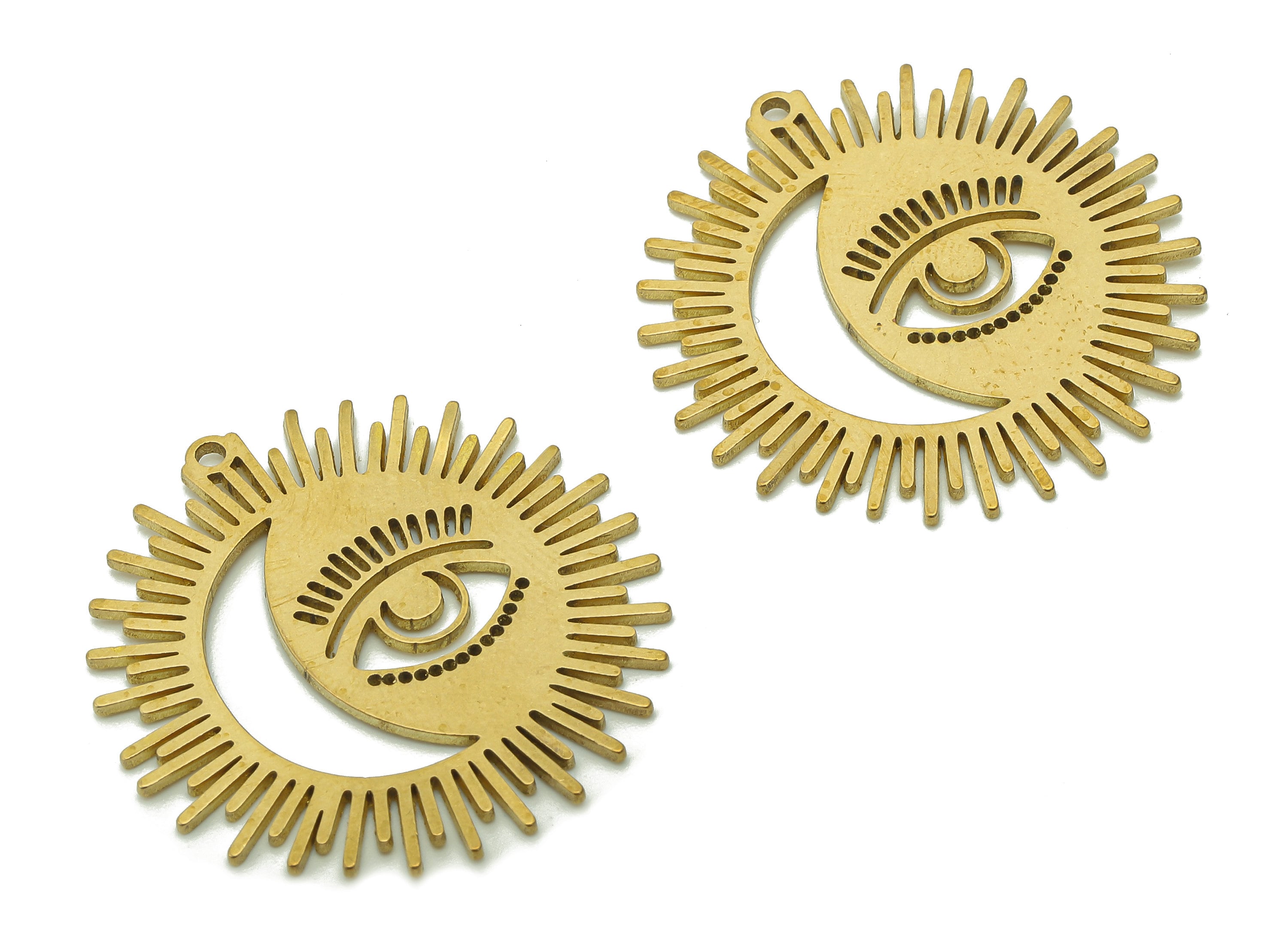 Brass Sun Eye Earring Charms - Raw Brass Crescent Eyelash Earring - Moon Pendant With Loop - Charm For Necklace - 31.6x31.6x0.9mm - PPA6084 - DOMEDBAZAAR