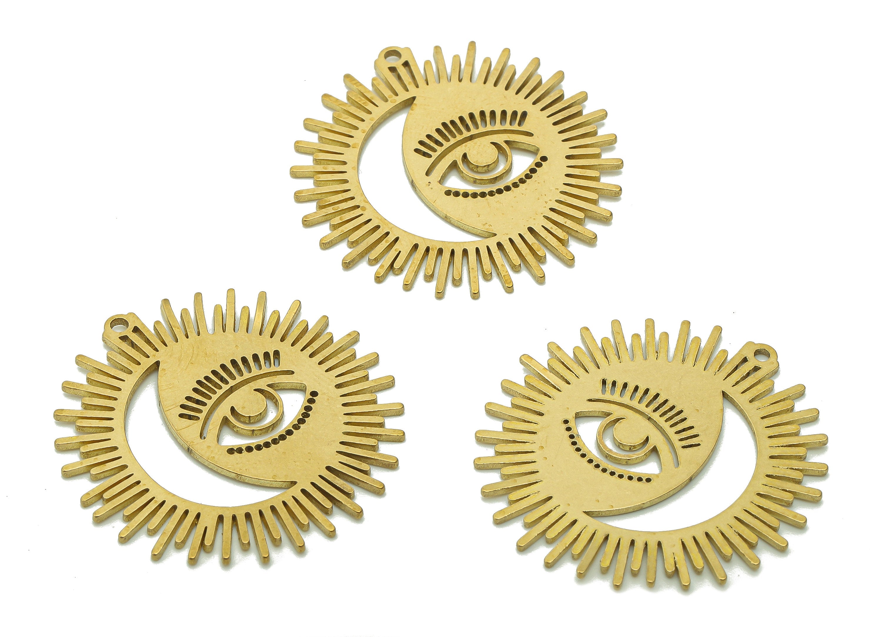 Brass Sun Eye Earring Charms - Raw Brass Crescent Eyelash Earring - Moon Pendant With Loop - Charm For Necklace - 31.6x31.6x0.9mm - PPA6084 - DOMEDBAZAAR