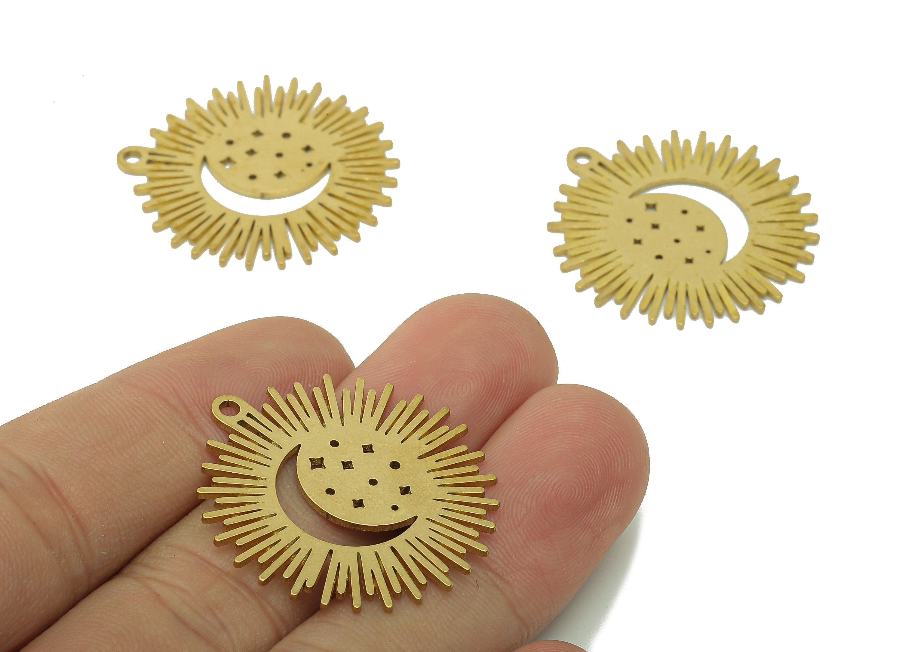 Brass Sun Moon Earring Charms - Raw Brass Crescent Star Earring - Moon Pendant With Loop - Charm For Necklace - 32x30.2x0.9mm - PPA6086 - DOMEDBAZAAR