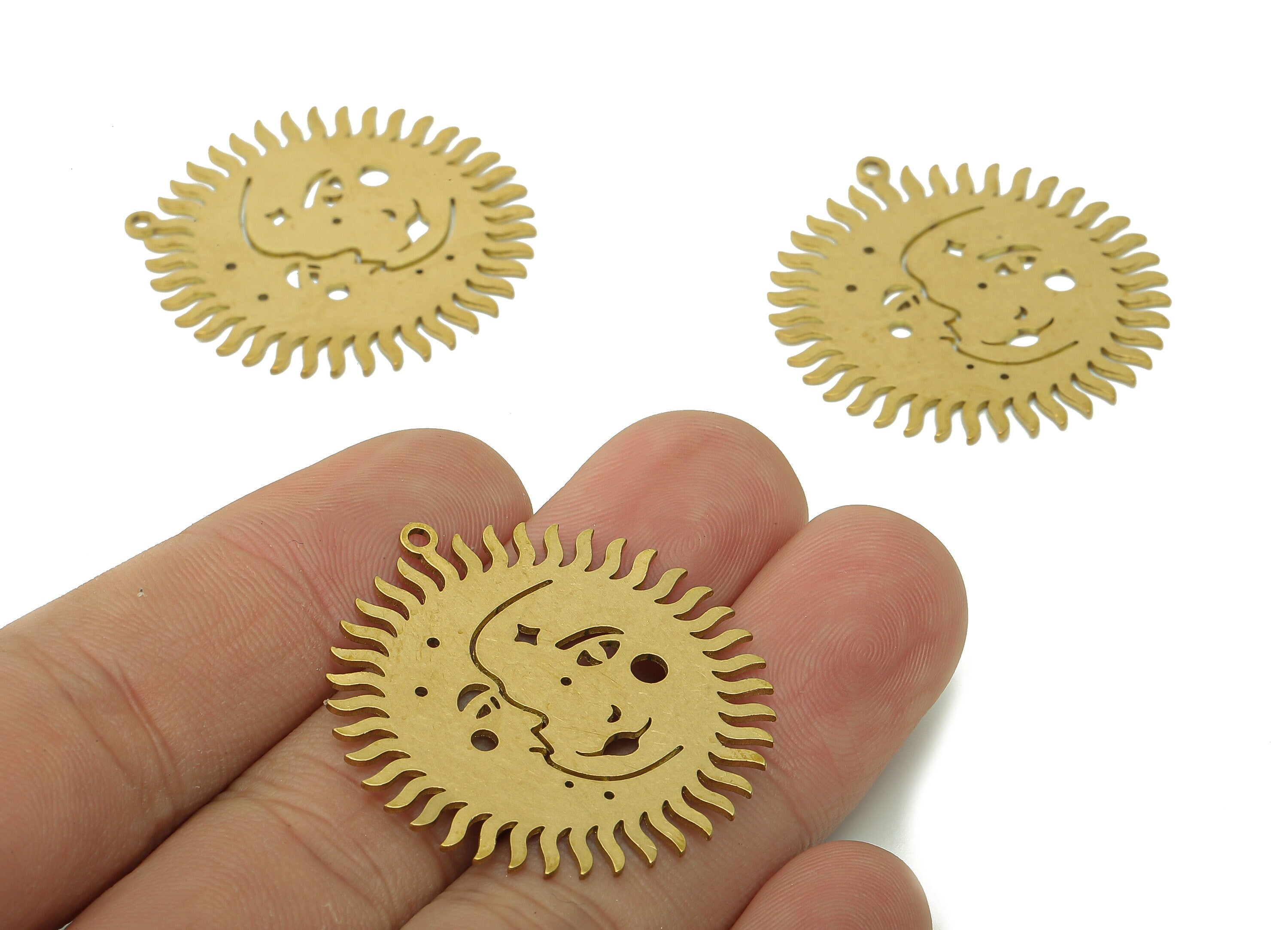 Brass Sun Face Earring Charms - Raw Brass Mask Face Earring - Sun Pendant With Loop - Face Charm For Necklace - 34.8x32.8x0.7mm - PPA6091 - DOMEDBAZAAR