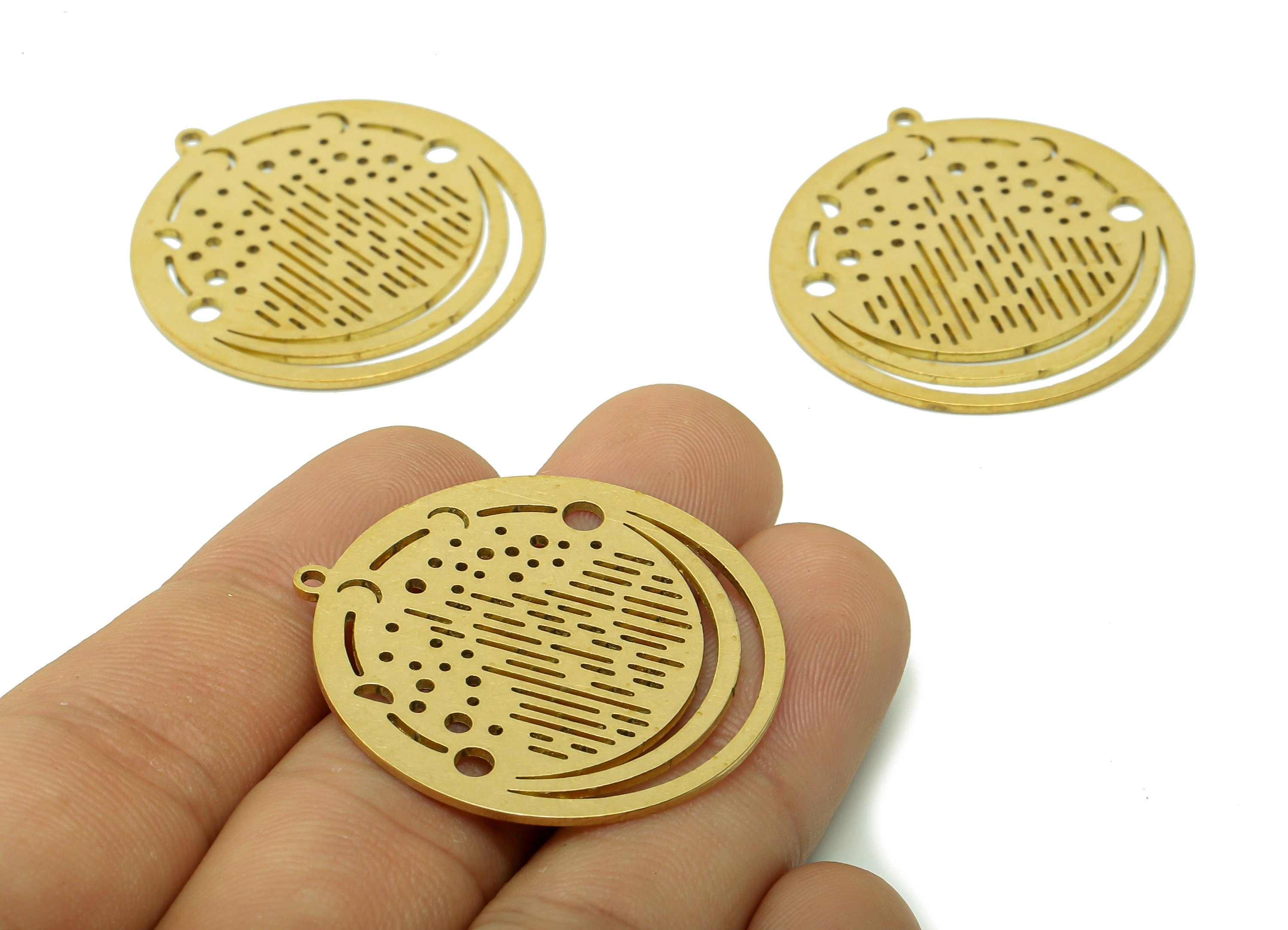 Brass Round Moon Earring Charms - Raw Brass Crescent Star Earring - Rain Circle Pendant With Loop - Phases Of Moon - 34.8x33.8x0.9mm-PPA6092 - DOMEDBAZAAR