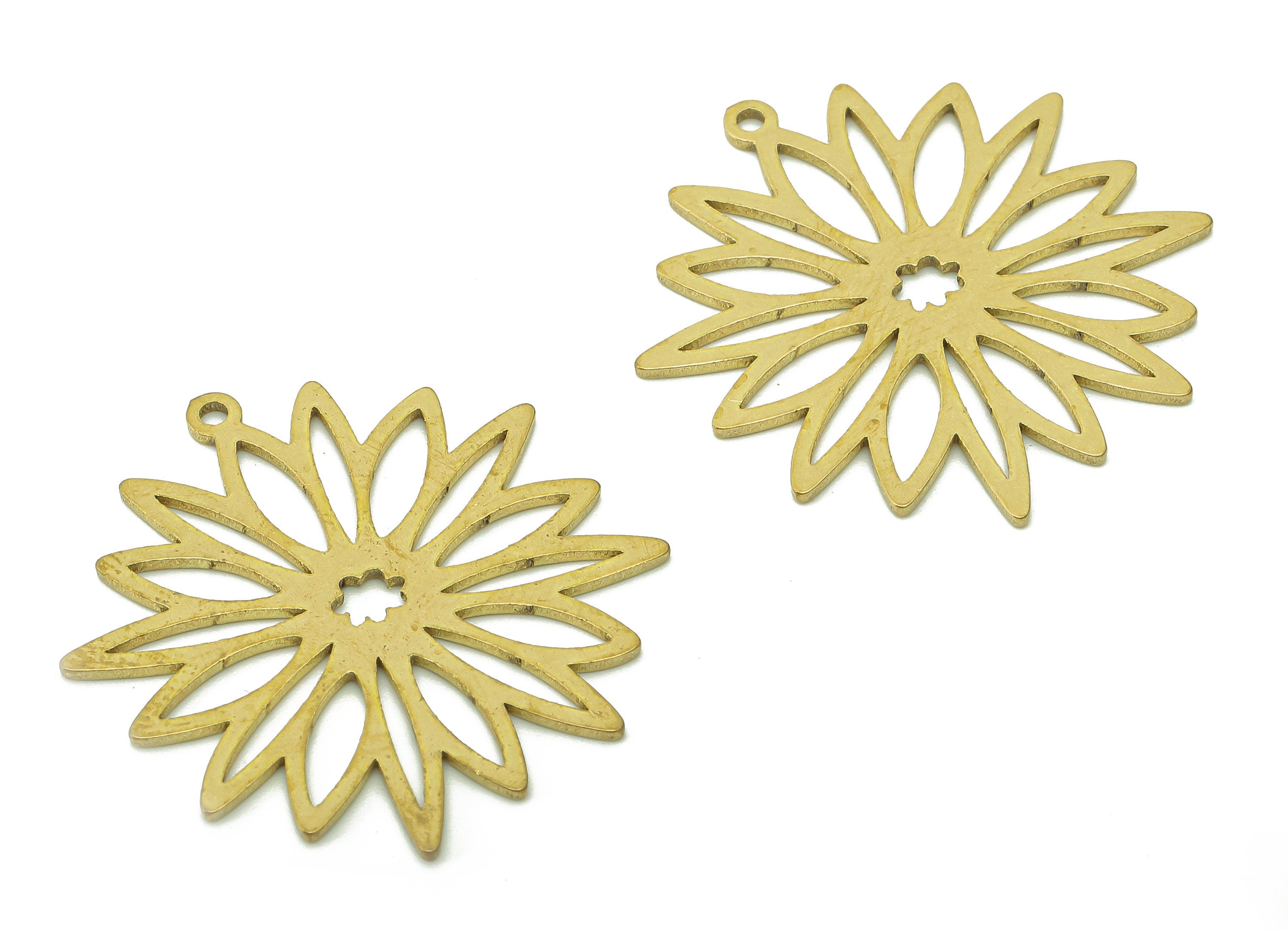 Brass Flower Earring Charms - Raw Brass Flower Earring - Flower Pendant With Loop - Botanical Charm For Necklace - 29.8x27.2x0.9mm - PPA6131 - DOMEDBAZAAR