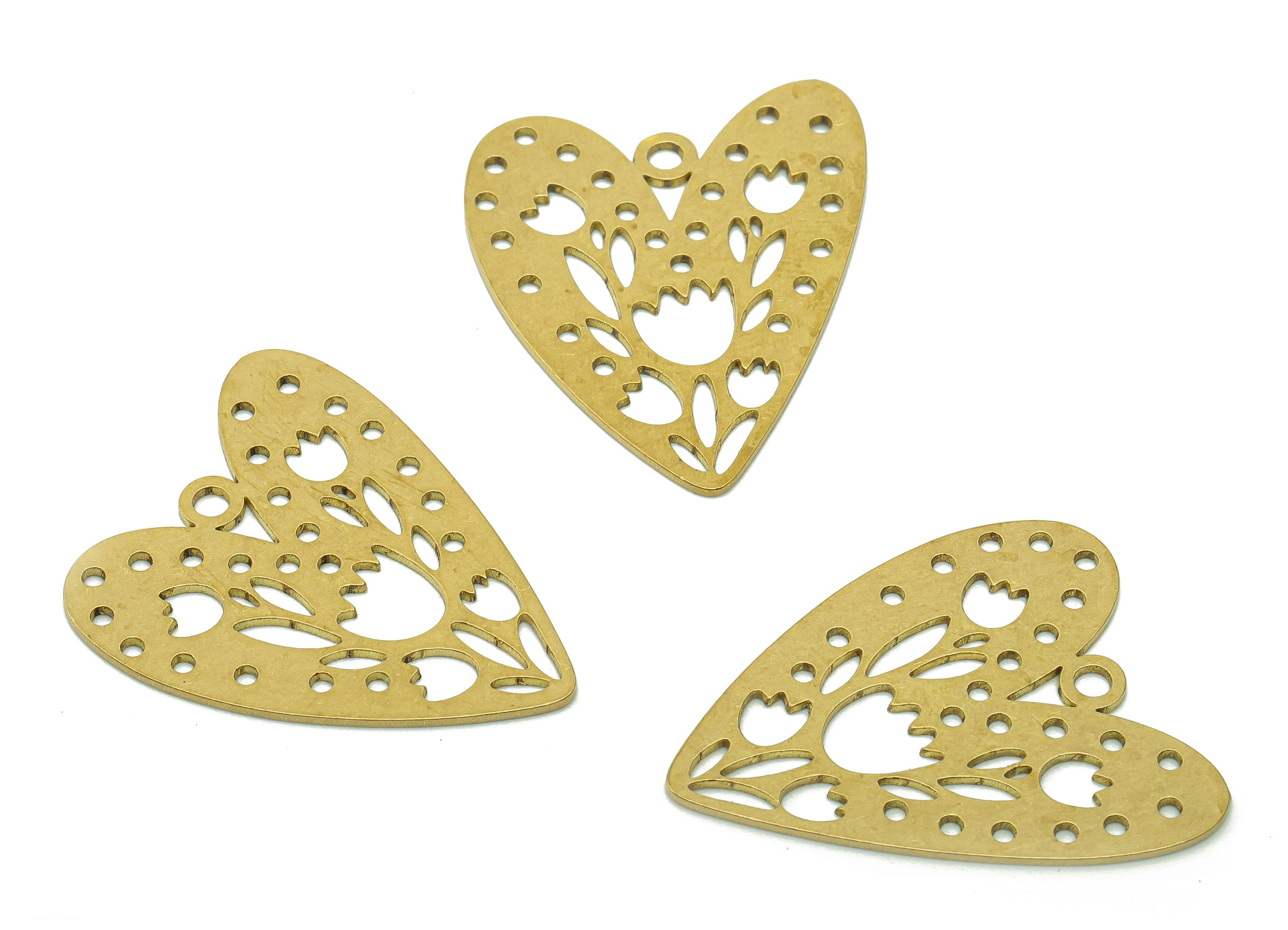 Brass Heart Flower Earring Charm - Raw Brass Round Cutout Earring - Tulip Pendant With Loop - Heart Charm - 29.9x23.9x0.7mm - PPA6262 - DOMEDBAZAAR