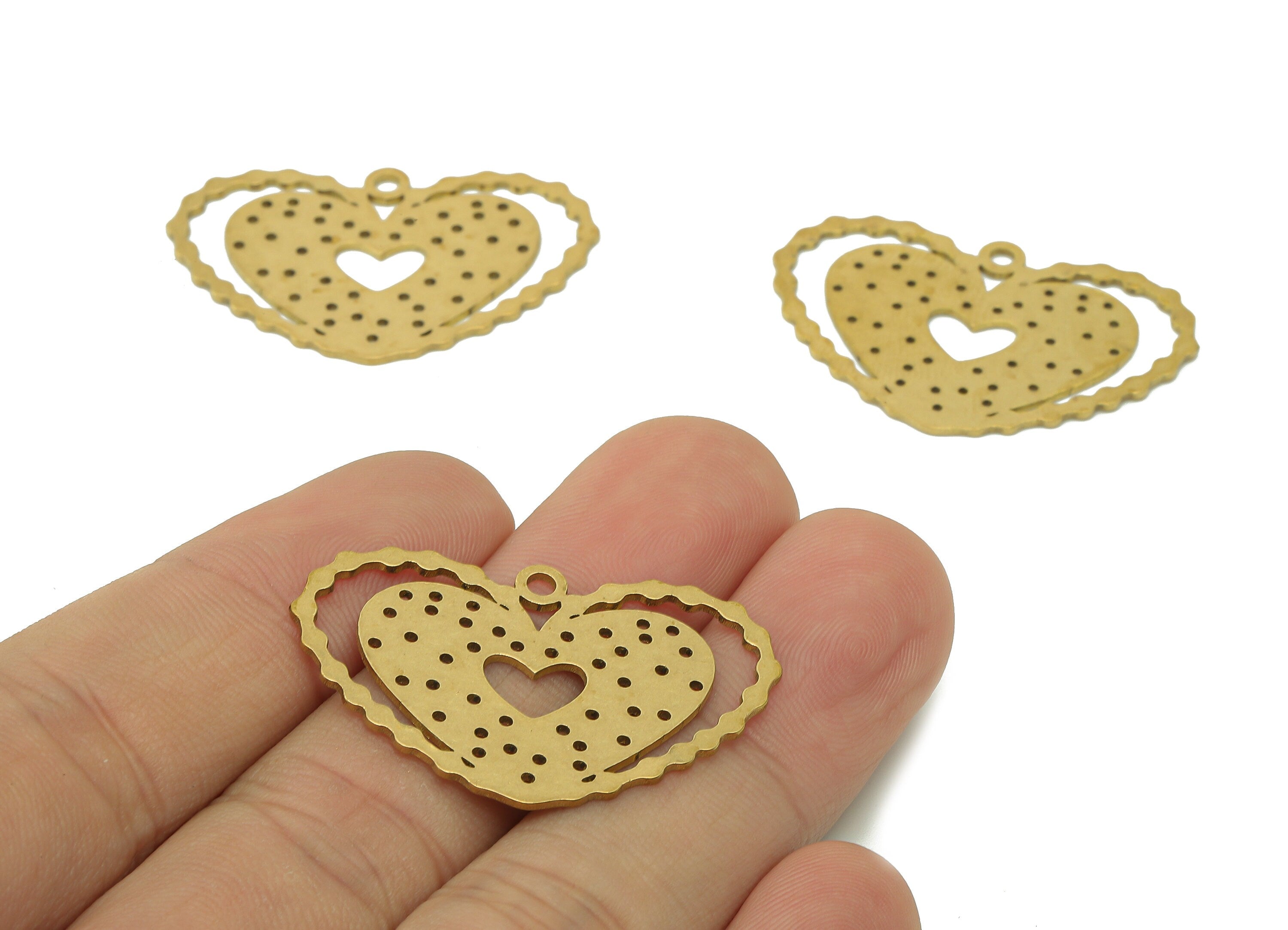 Brass Heart Dots Earring Charm - Raw Brass Bubbles Cutout Earring - Buble Pendant With Loop - Heart Charm - 35.8x25.6x0.7mm - PPA6271 - DOMEDBAZAAR