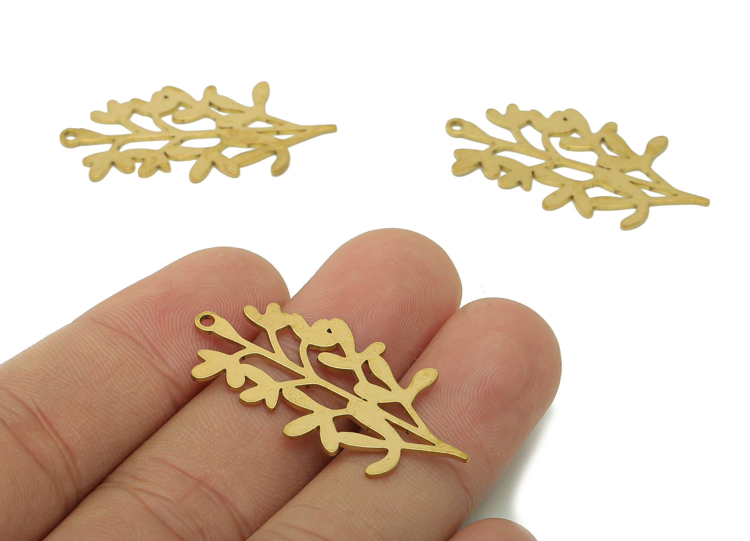 Brass Leaves Earring Charms - Raw Brass Plant Earring - Botanical Pendant With Loop - Tree Leaf Branch Charm - 37.8x18.6x0.8mm - PPA6350 - DOMEDBAZAAR