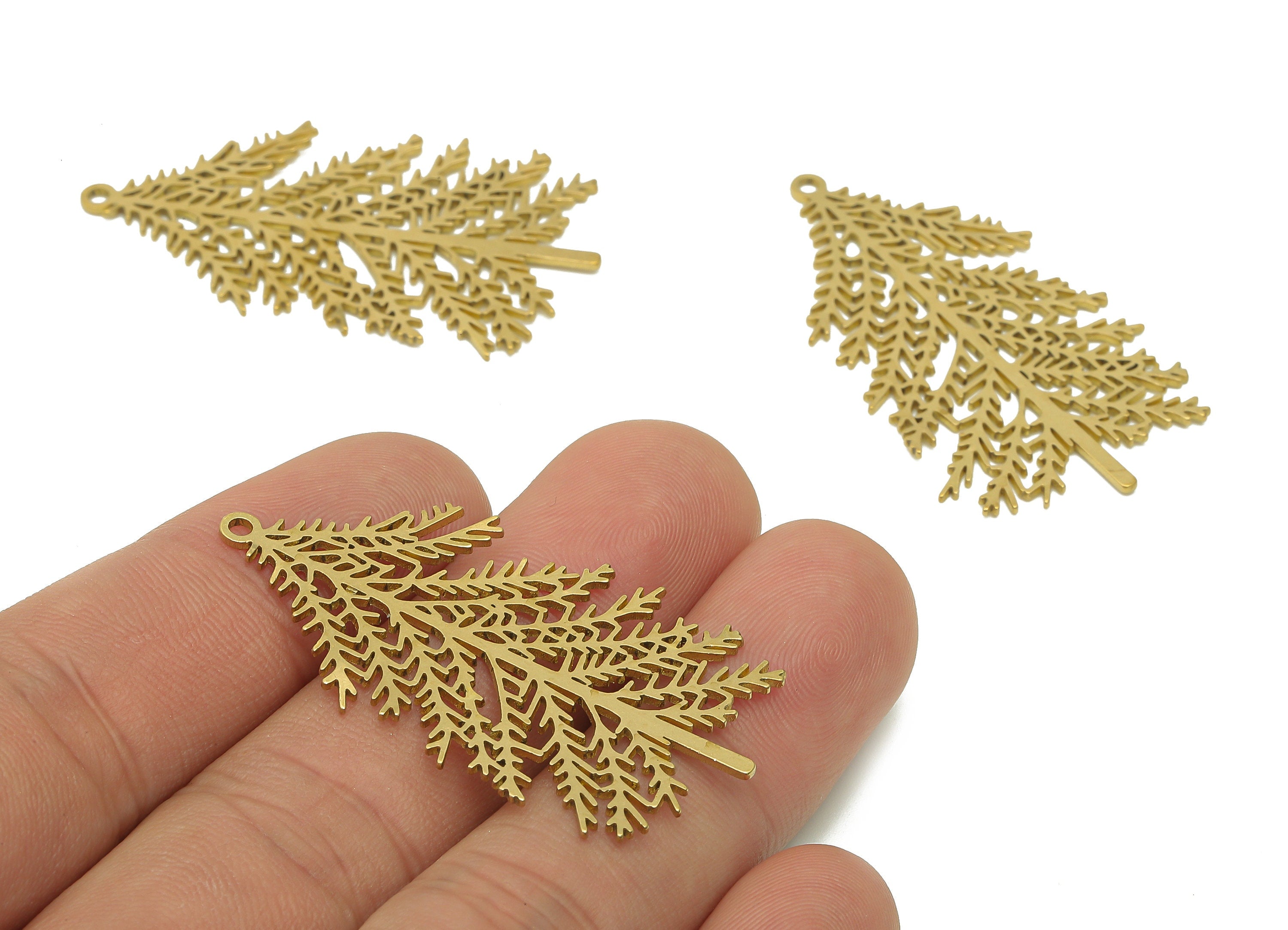 Brass Tree Earring Charm - Raw Brass Pine Tree Earrings - Pine Pendant With Loop - Botanical Charms For Necklace - 44.9x25.3x0.7mm - PPA6548 - DOMEDBAZAAR