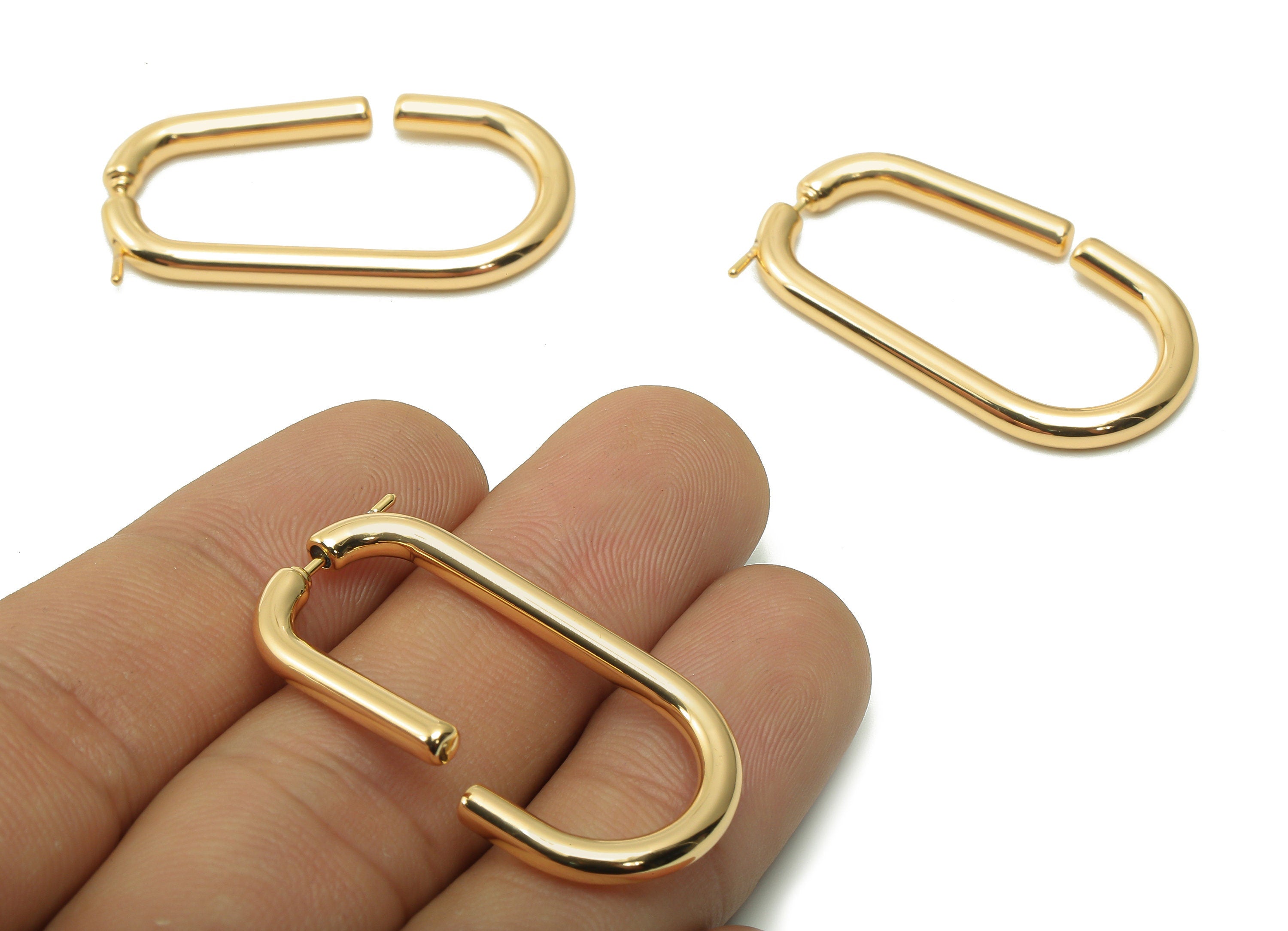 Brass Rectangle Hoop Earring Post - Gold Rectangle Earring Stud - Stainless Steel Stud - 18K Real Gold Plating - 35.9x18.9x3mm - RGP5348 - DOMEDBAZAAR