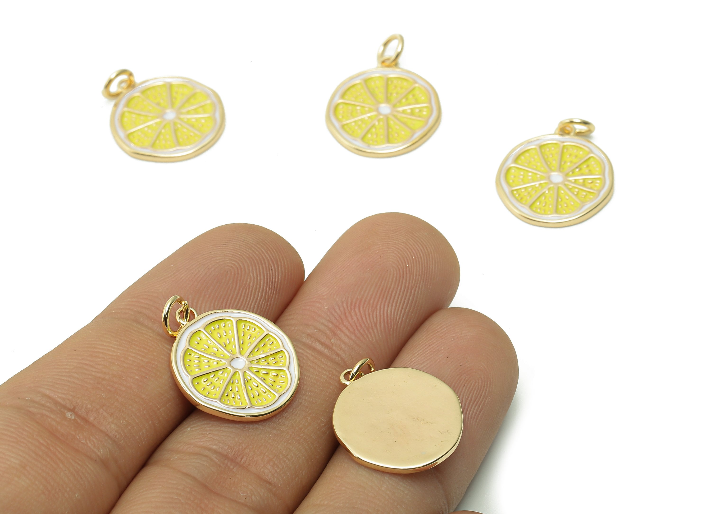 Brass Lemon Slices Earring Charm - Enamel Yellow Fruit Earring - Round Pendant With Loop - 18K Real Gold Plating - 20.6x15.3x1.2mm -RGP5356B - DOMEDBAZAAR