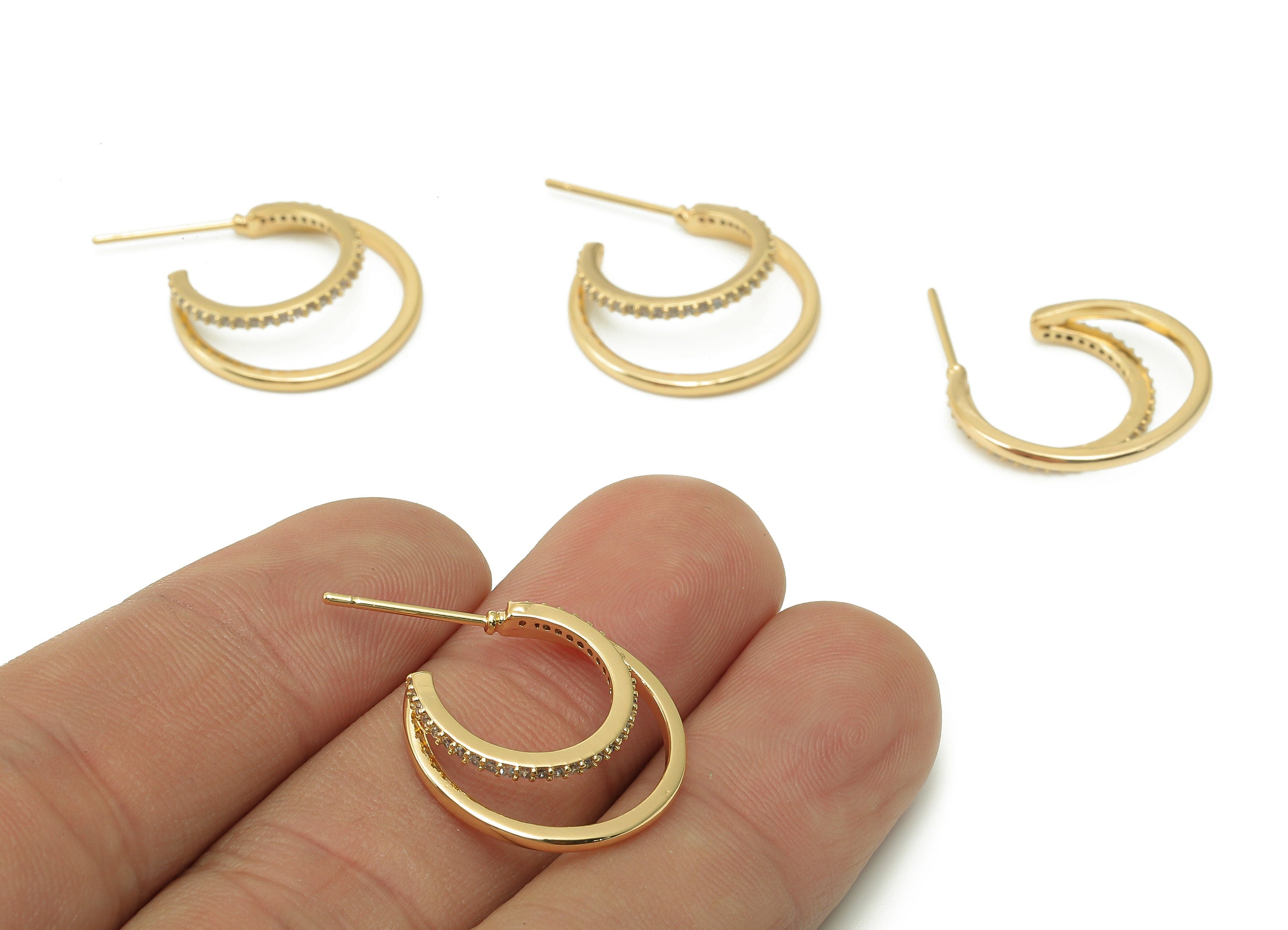 Brass Crescent Earring Post - Zircon Moon Earring Stud - 316 Stainless Steel Stud - 18K Real Gold Plating - 19.9x18.8x1.3mm - RGP5364 - DOMEDBAZAAR