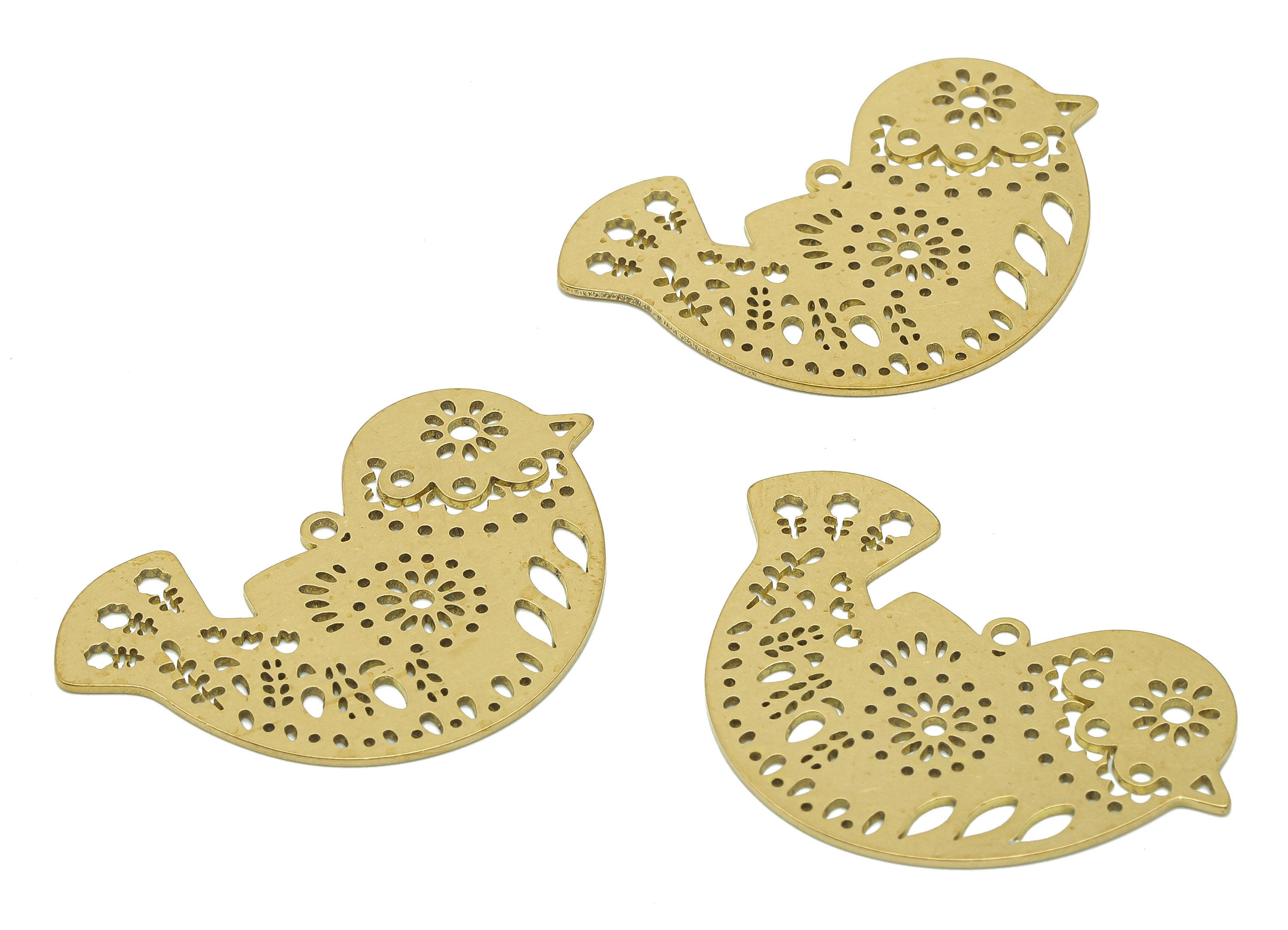 Brass Bird Flower Earring Charm - Raw Brass Sun Clouds Earrings - Dot Pendant With Loop - Sparrow Charms - 37.3x24.9x0.7mm - PPA6604 - DOMEDBAZAAR