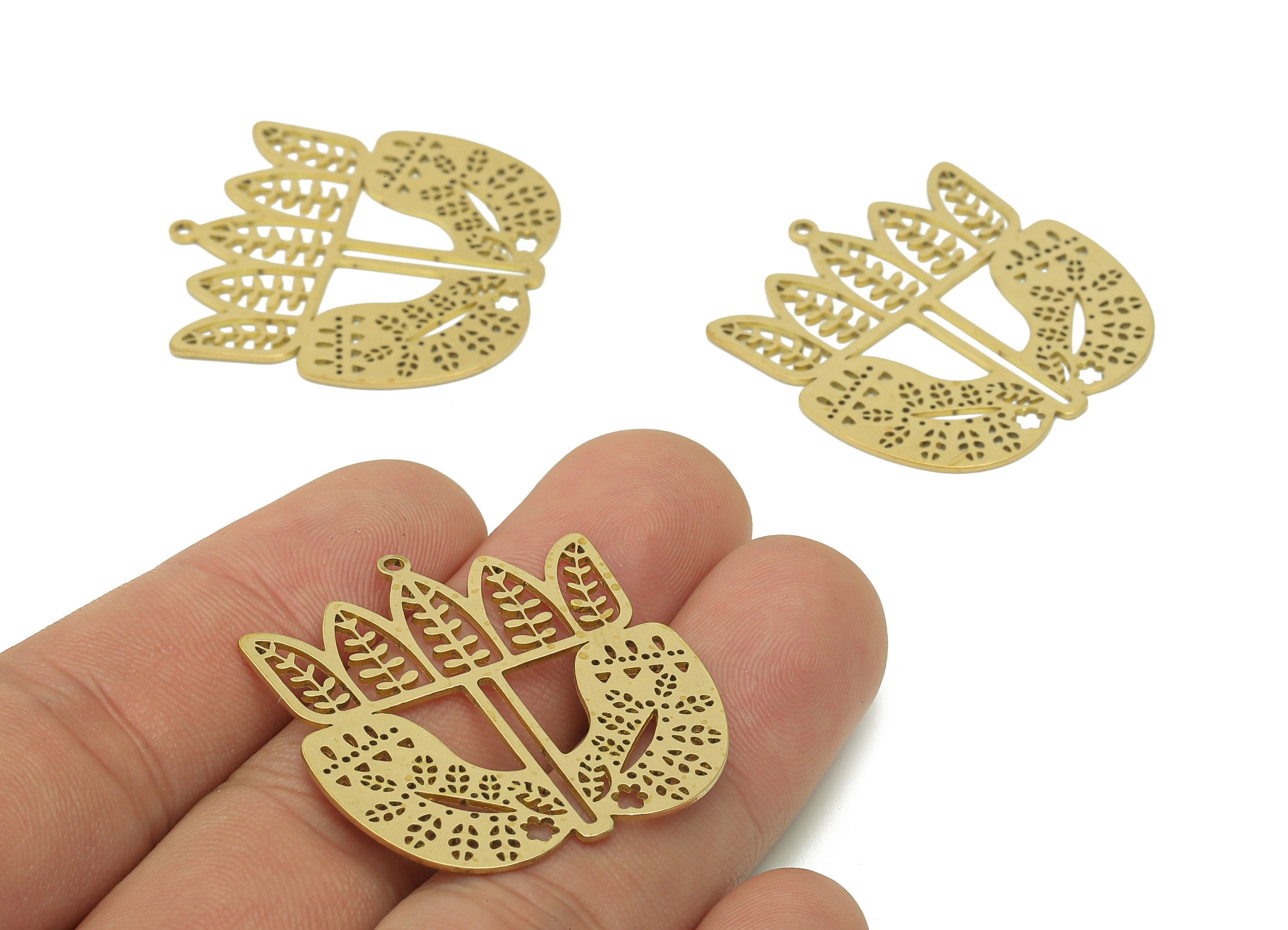 Brass Flower Earring Charms - Raw Brass Leaves Cutout Earring - Leaf Pendant With Loop - Botanical Charm - 33.9x32.6x0.7mm - PPA6605 - DOMEDBAZAAR