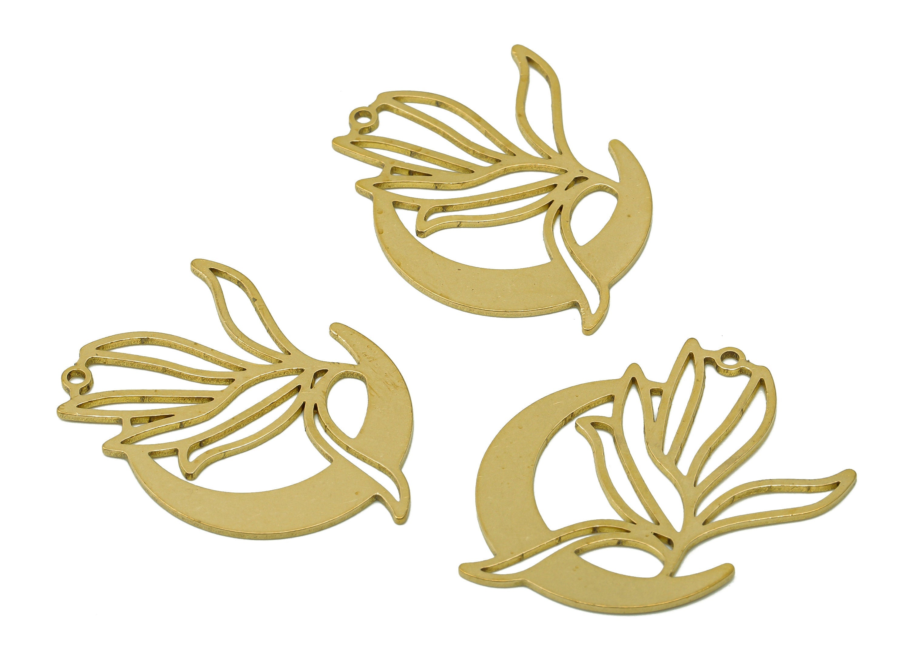 Brass Crescent Flower Pendant - Raw Brass The Moon Earring Charm - Earring With Loop - Moon Charm For Necklace - 33.9x24.7x0.8mm - PPA6619 - DOMEDBAZAAR