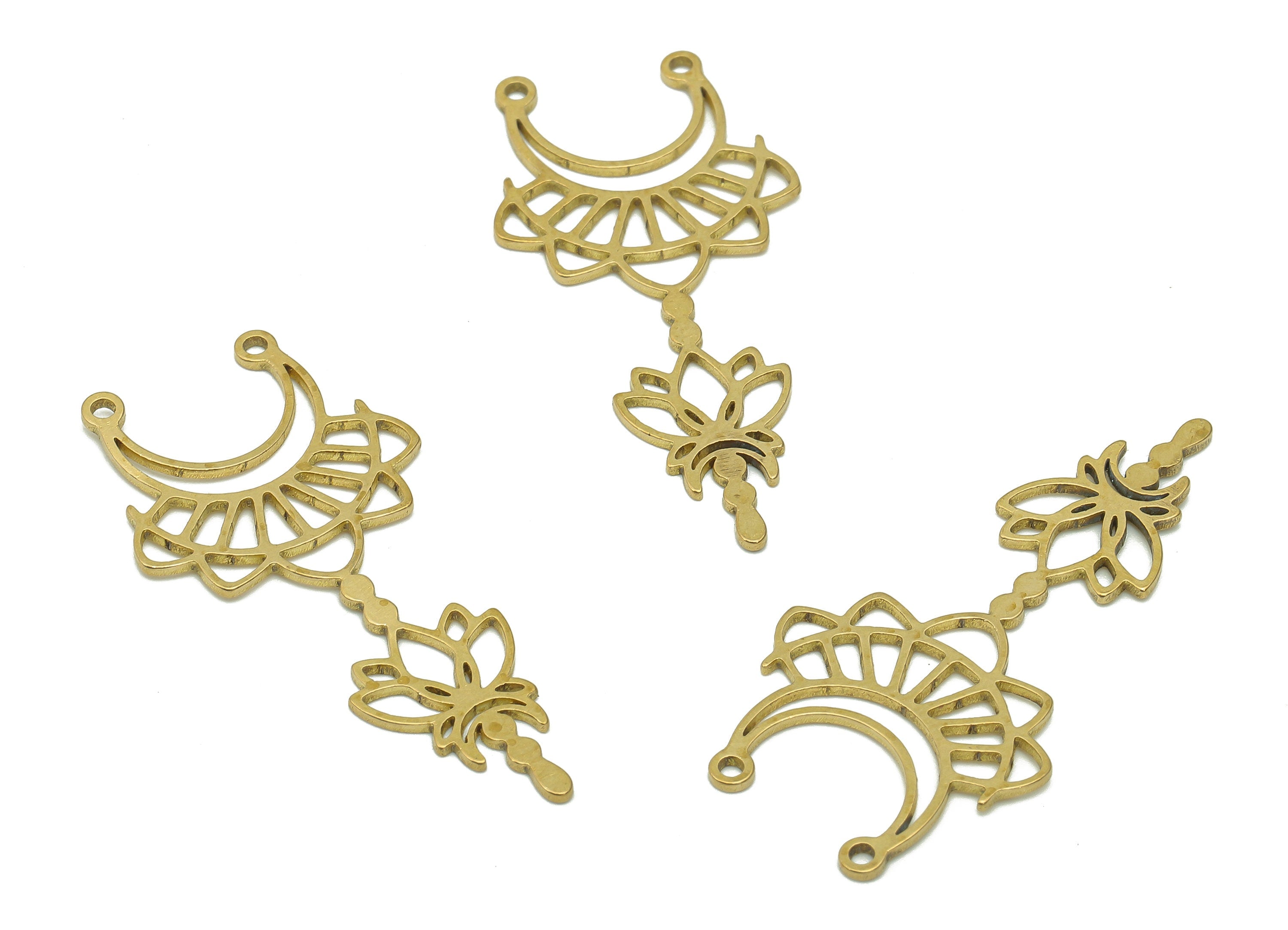 Brass Flower Lotus Connector - Raw Brass Crescent Cutout Earring - Flower Pendant With 2 Loops - Earring Charms - 37.9x18x0.8mm - PPA6630 - DOMEDBAZAAR