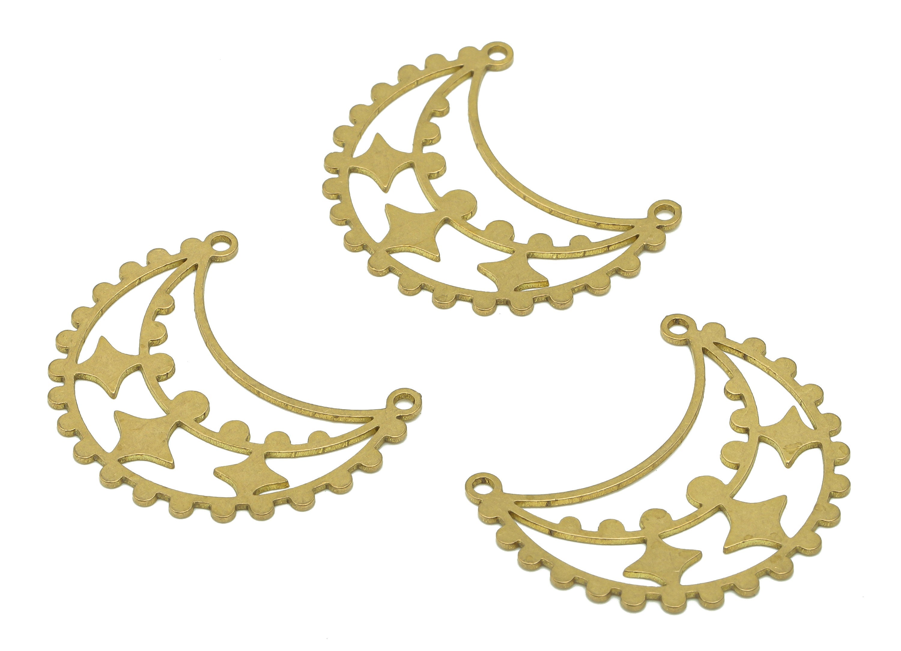 Brass Crescent Earring Connector - Raw Brass Moon Pendant - Hollow Earring With 2 Loops - Star Charm For Necklace - 29.8x24.2x0.7mm -PPA6665 - DOMEDBAZAAR