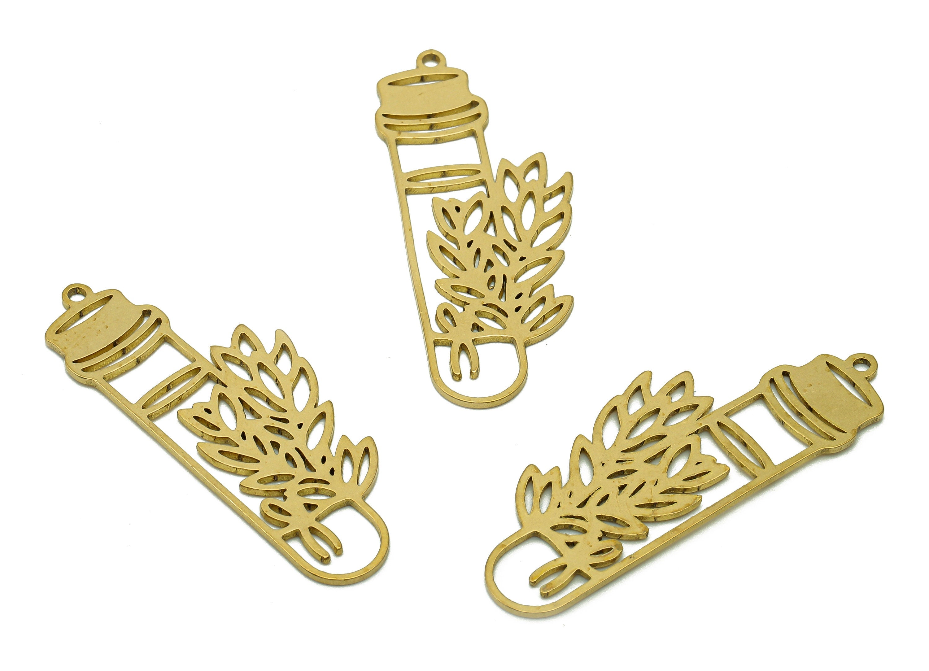 Brass Flower Pot Earring - Raw Brass Hanging Flower Earring - Botanical Bottle Pendant With Loop - Jardiniere Charm -38.9x15.3x0.8mm-PPA6668 - DOMEDBAZAAR