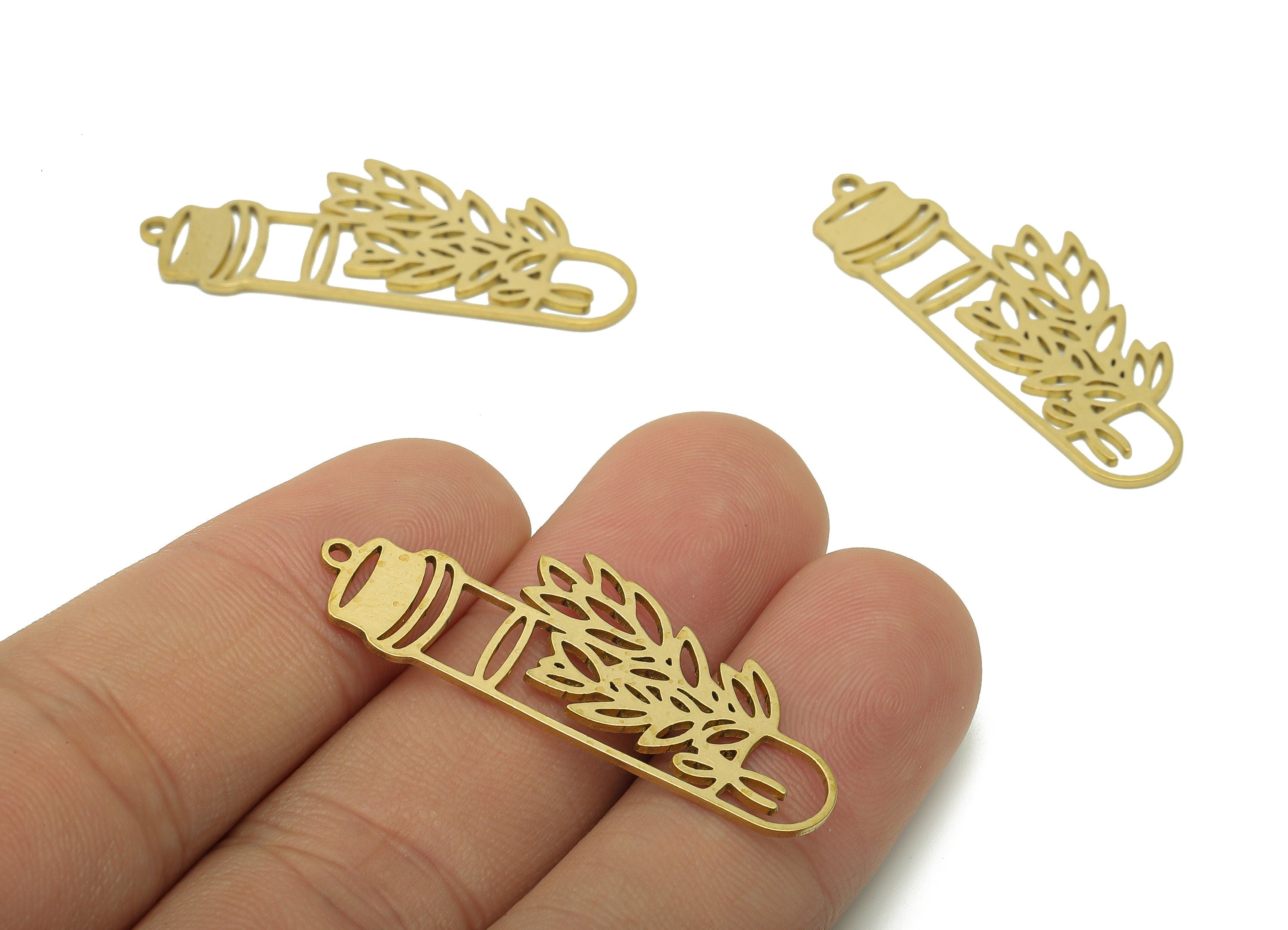 Brass Flower Pot Earring - Raw Brass Hanging Flower Earring - Botanical Bottle Pendant With Loop - Jardiniere Charm -38.9x15.3x0.8mm-PPA6668 - DOMEDBAZAAR